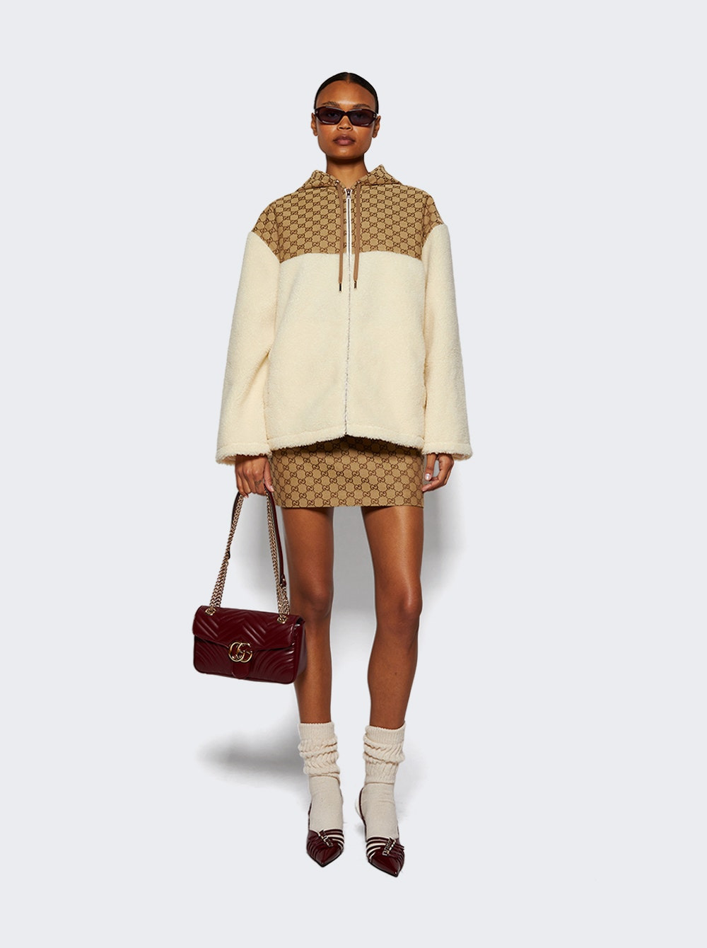Gg Intarsia Wool Fleece Zip Jacket Off White And Camel - 2