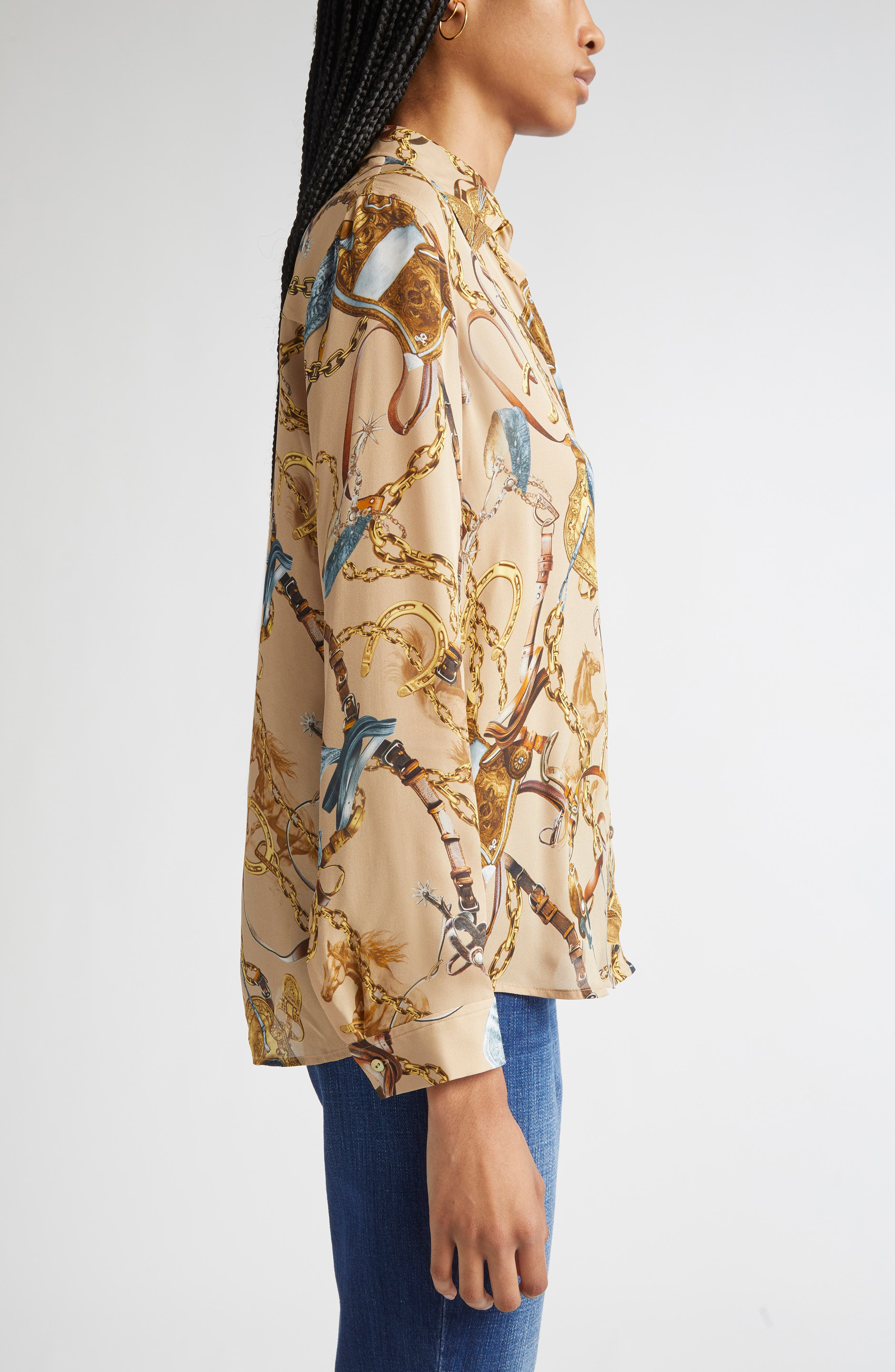 L'AGENCE Nina Chain Print Silk Button-Up Shirt in Dk Cppccno Mlt Equestrian Sdl at Nordstrom - 4