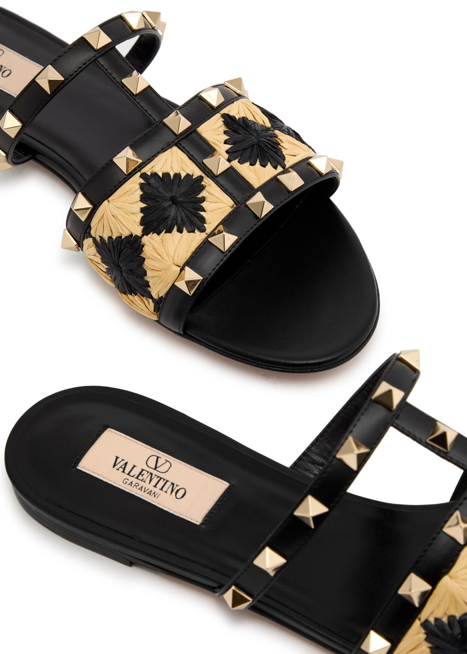 Valentino Rockstud Raffia Sliders - 3