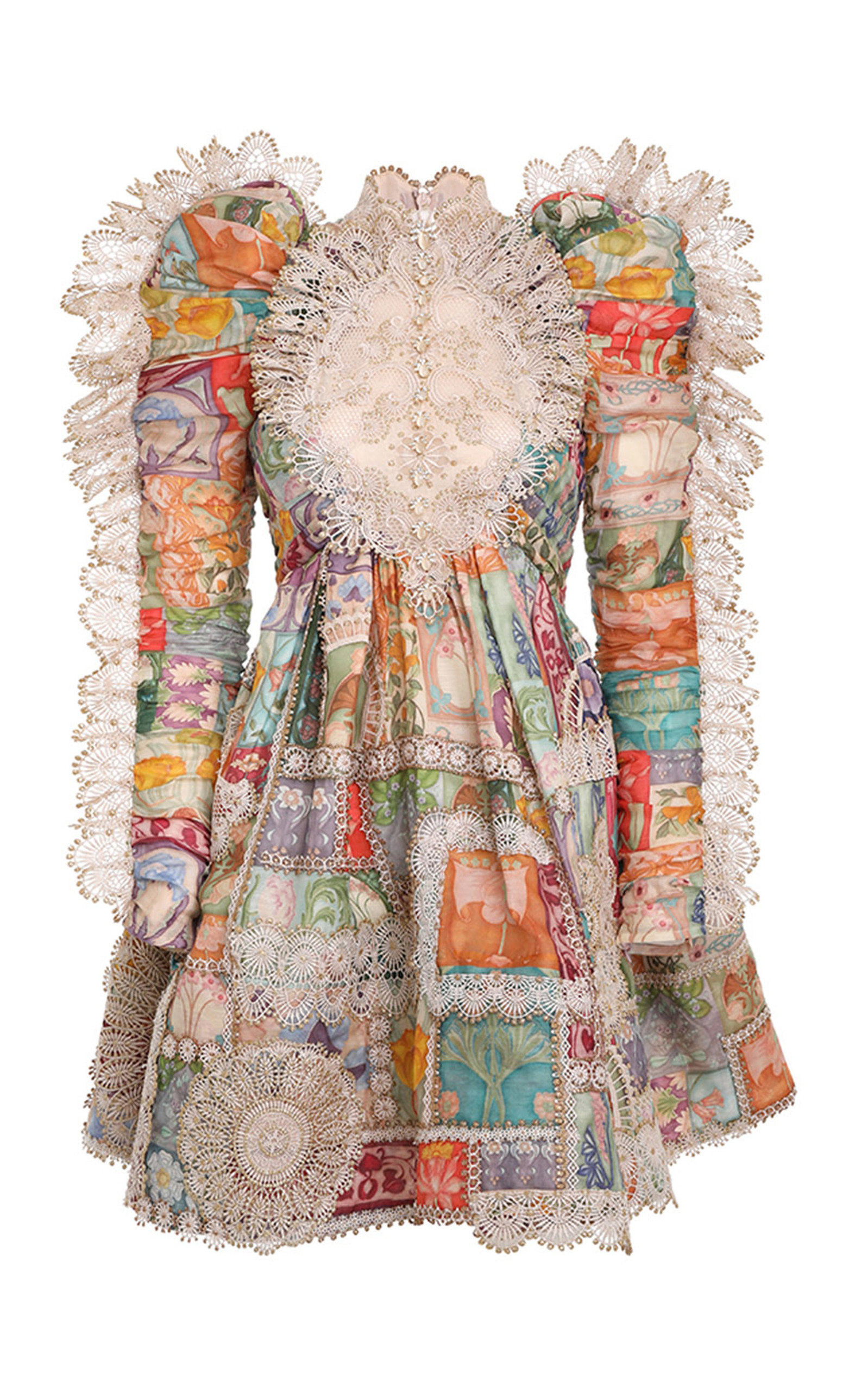 Cosmic Zodiac Doily Linen-Silk Mini Dress floral - 1