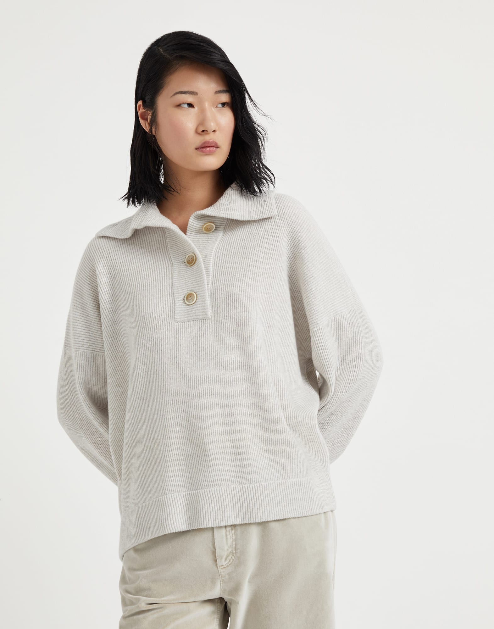 Pull Brunello Cucinelli En Cachemire Avec Paillettes Et Perles Monili - Taille L - Ivoire - Occasion Parfait État