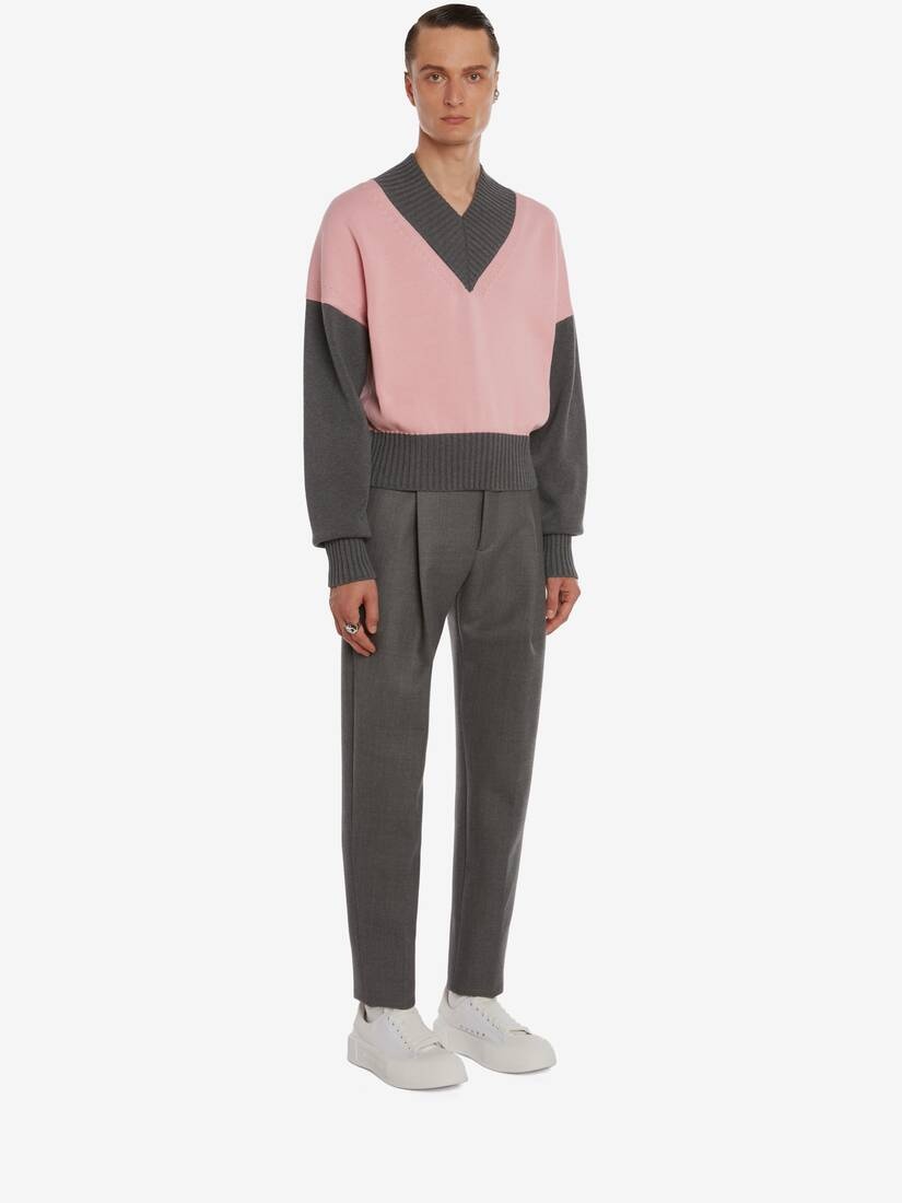 Colour Block V-neck Jumper in Pink - 3