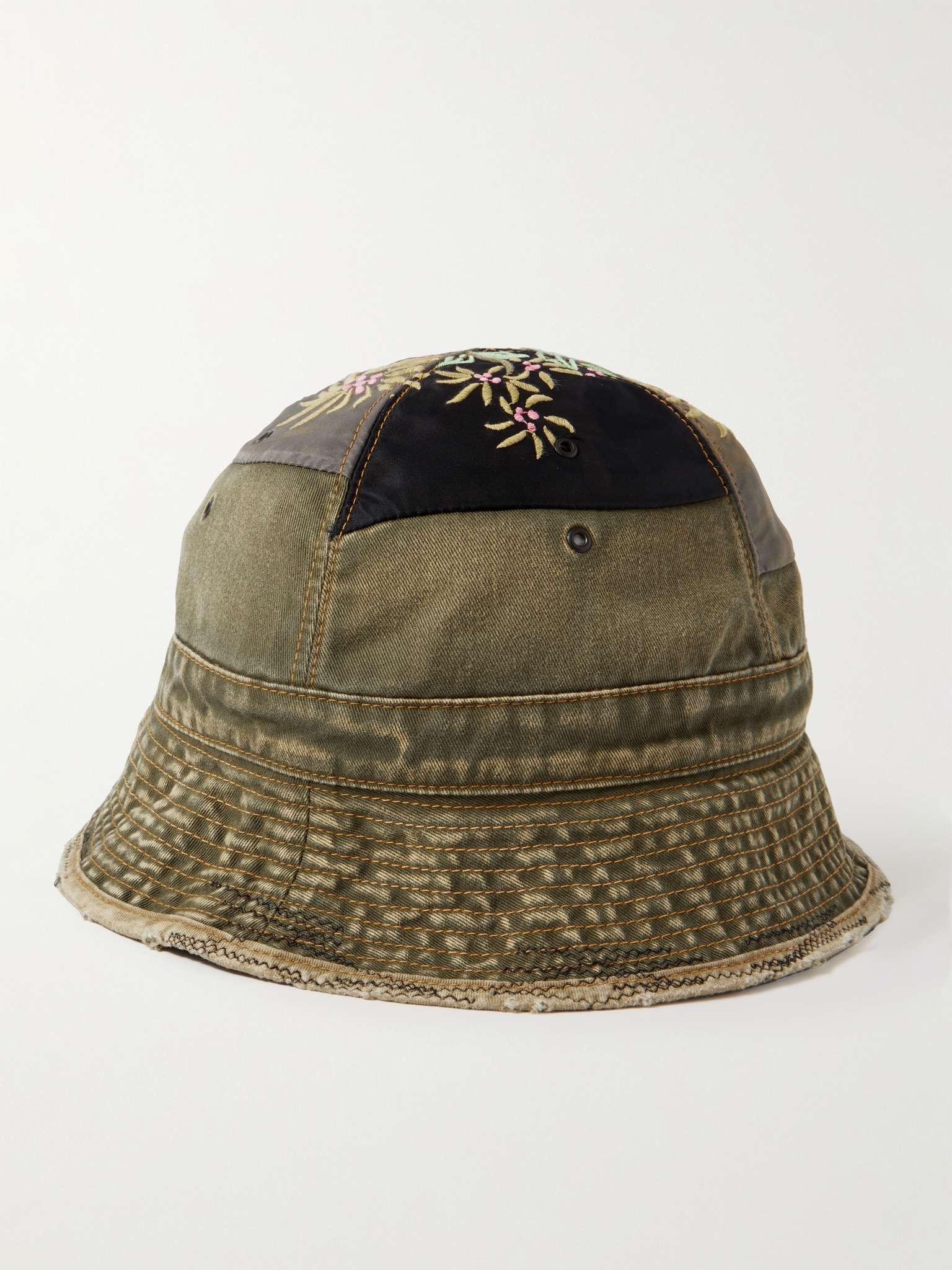 Distressed Embroidered Patchwork Cotton-Twill and Shell Bucket Hat - 1