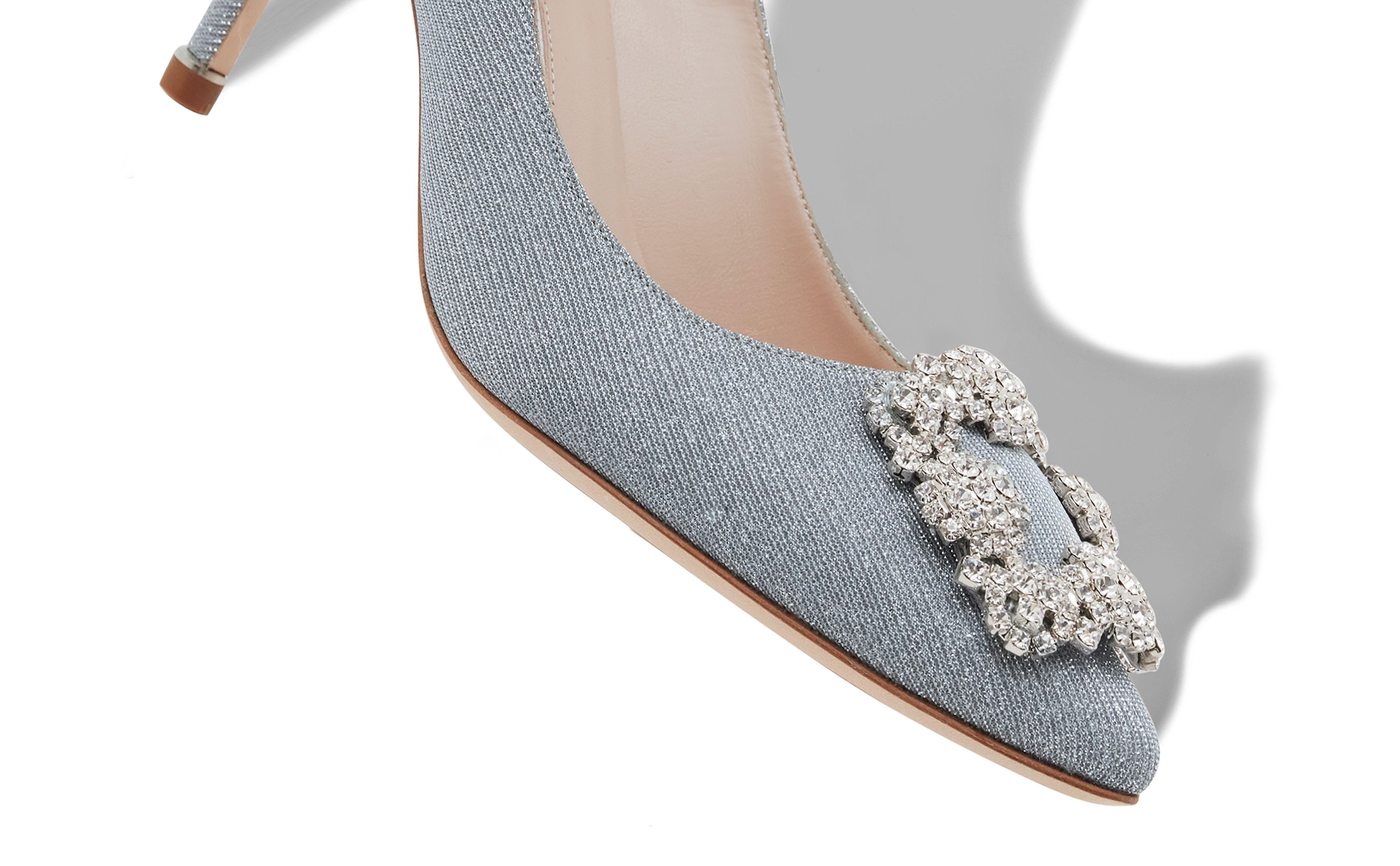 Silver Glitter Fabric Jewel Buckle Pumps - 4