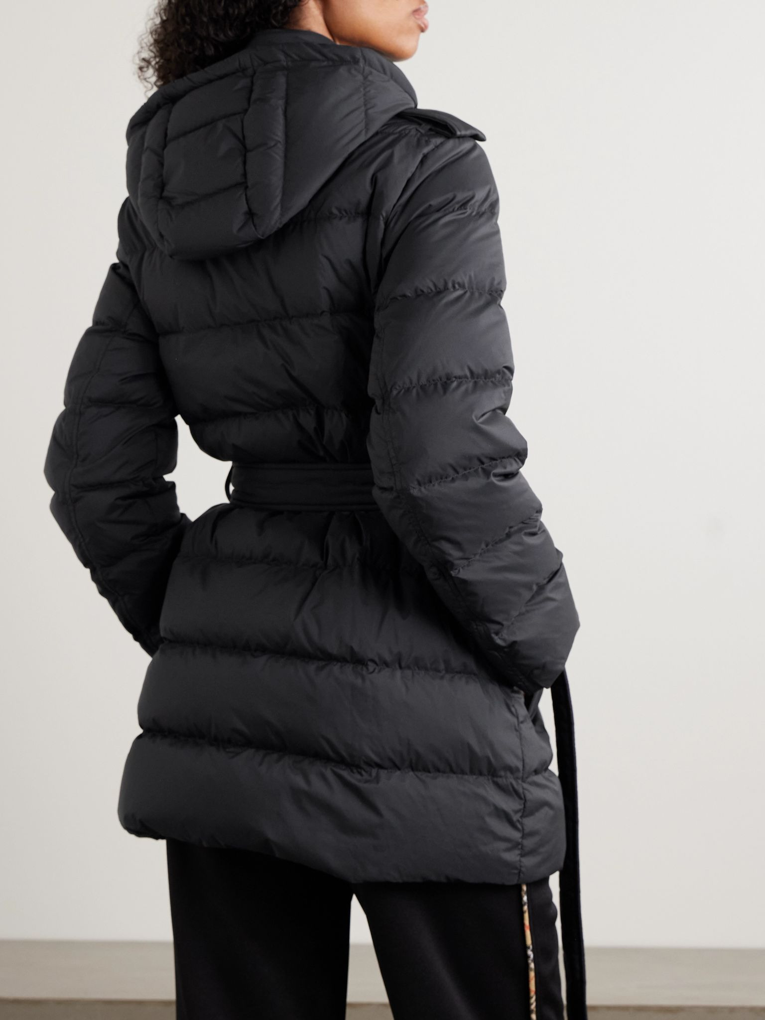 Belted double-breasted quilted shell down coat Black - 4