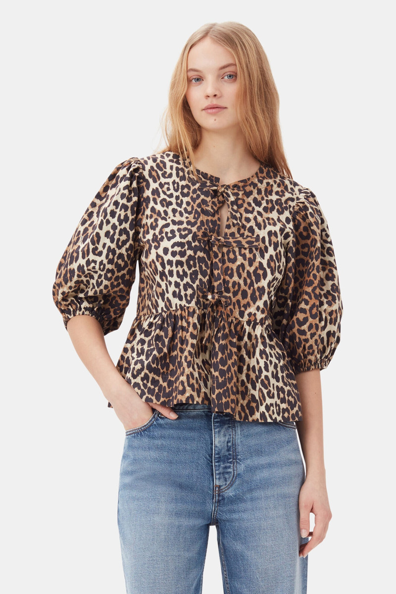 GANNI LEOPARD COTTON POPLIN PEPLUM TIE BLOUSE outlook