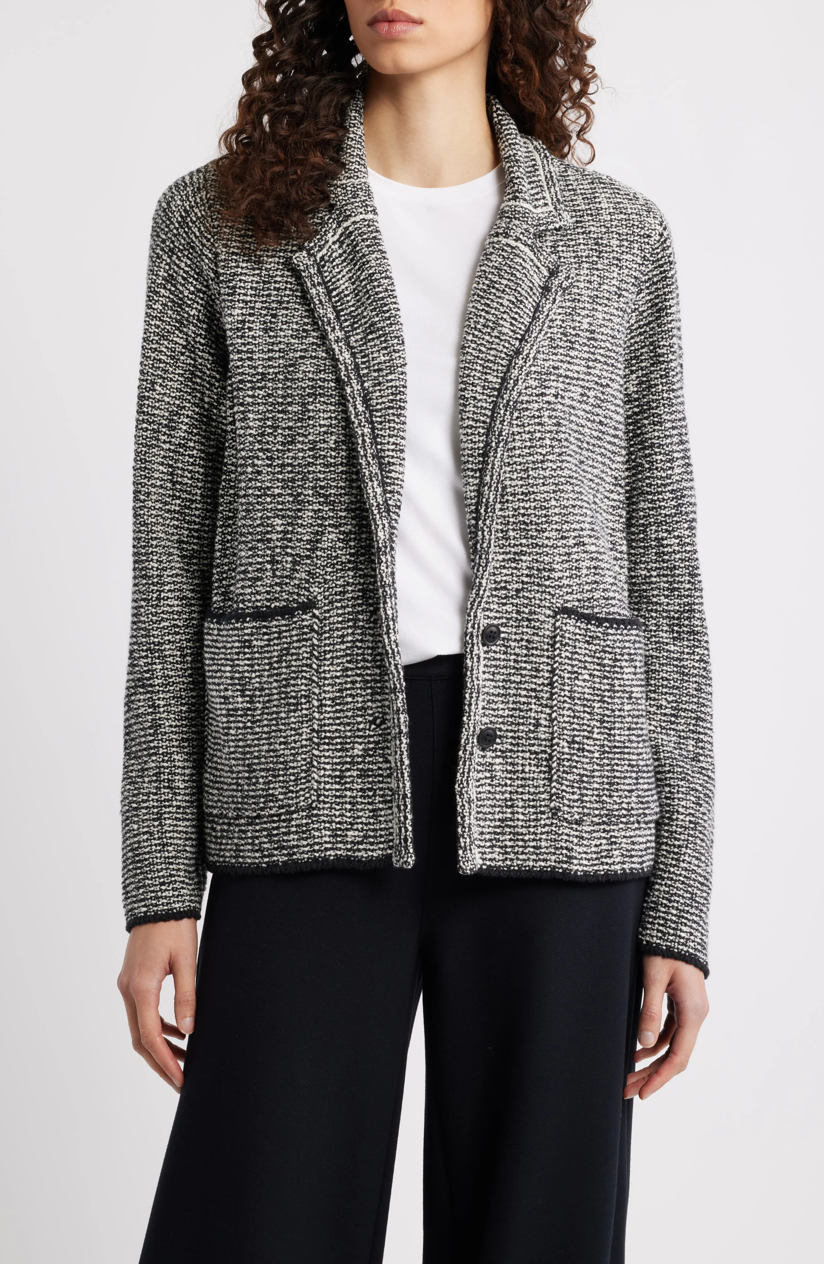 Eileen Fisher Cotton Blend Tweed Jacket in Black/Soft White at Nordstrom - 1