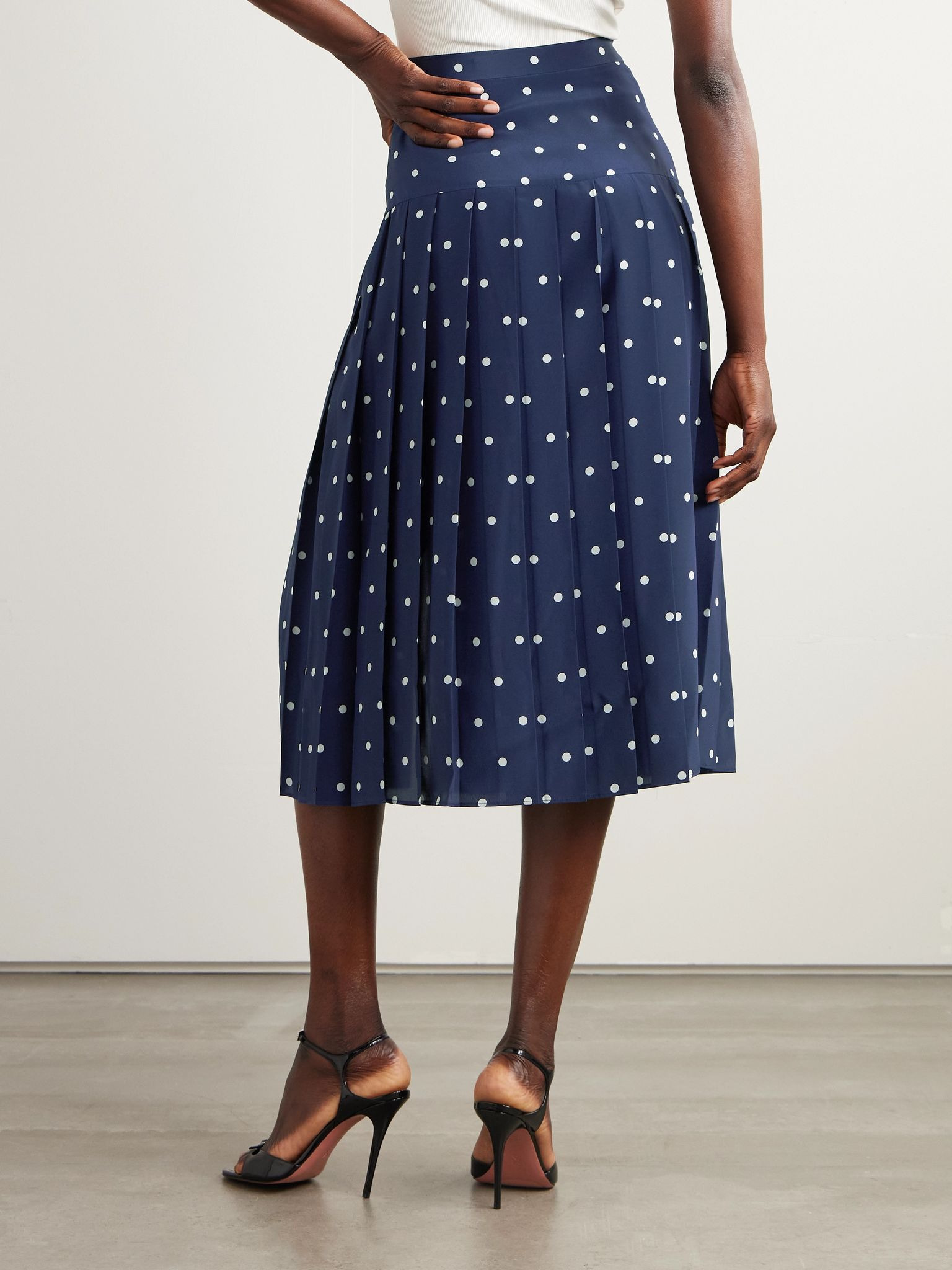 Pleated polka-dot silk midi skirt Navy - 4