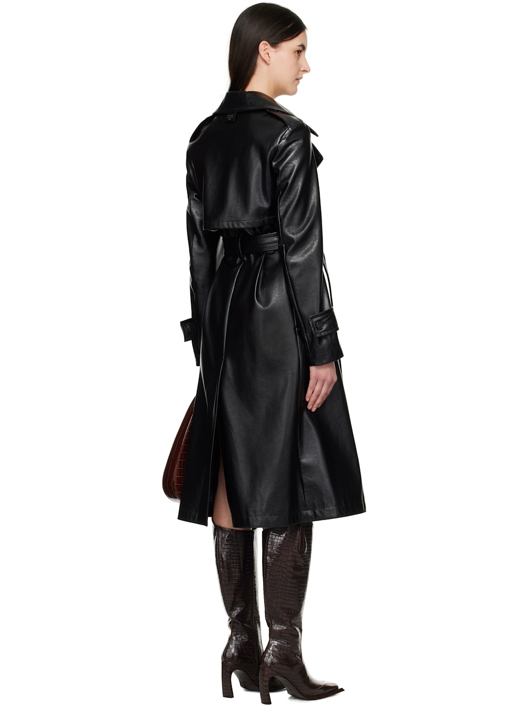 Black Vintage Faux-Leather Trench Coat - 3