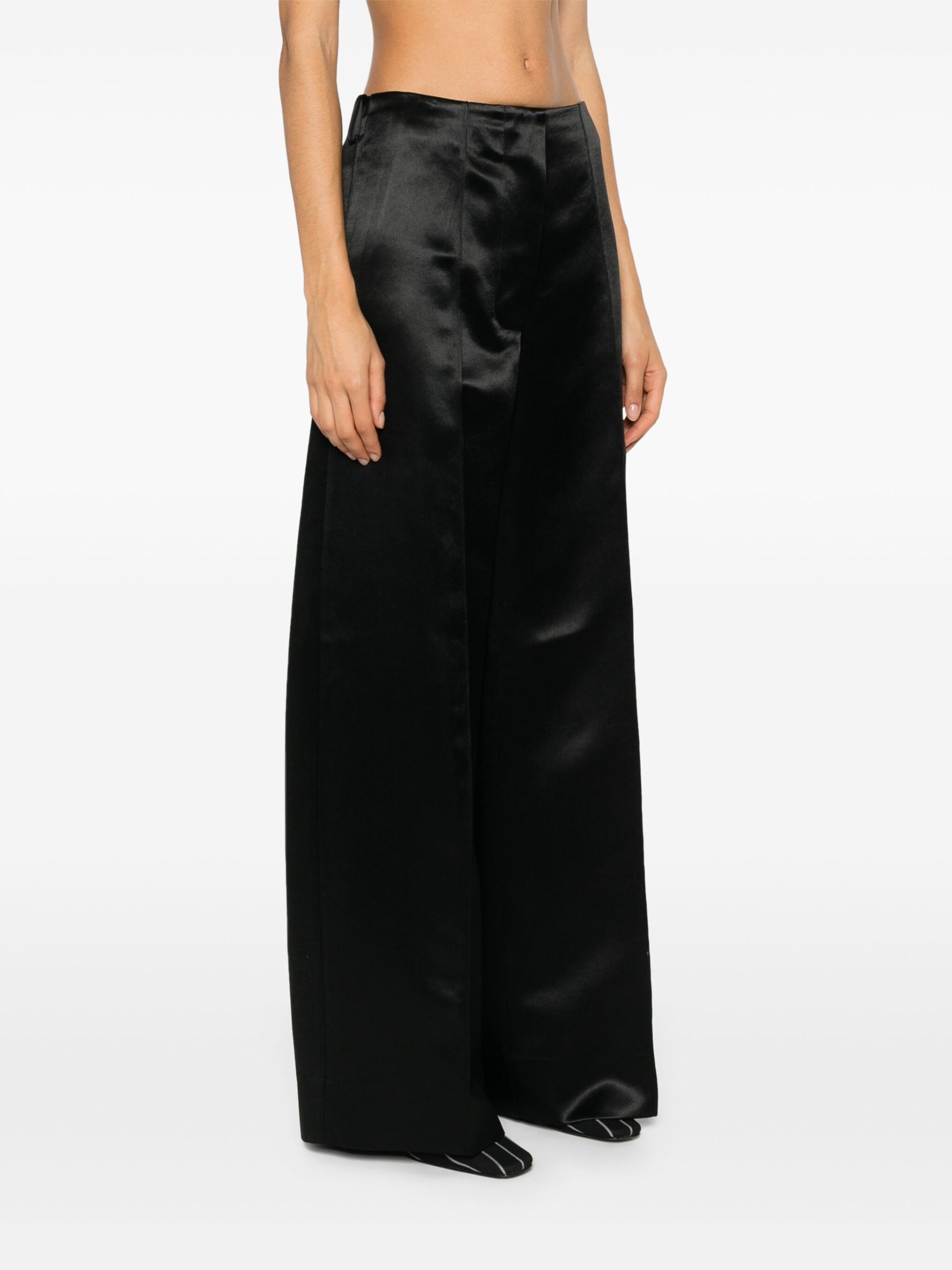 Black Wide-Leg Satin Trousers - 3