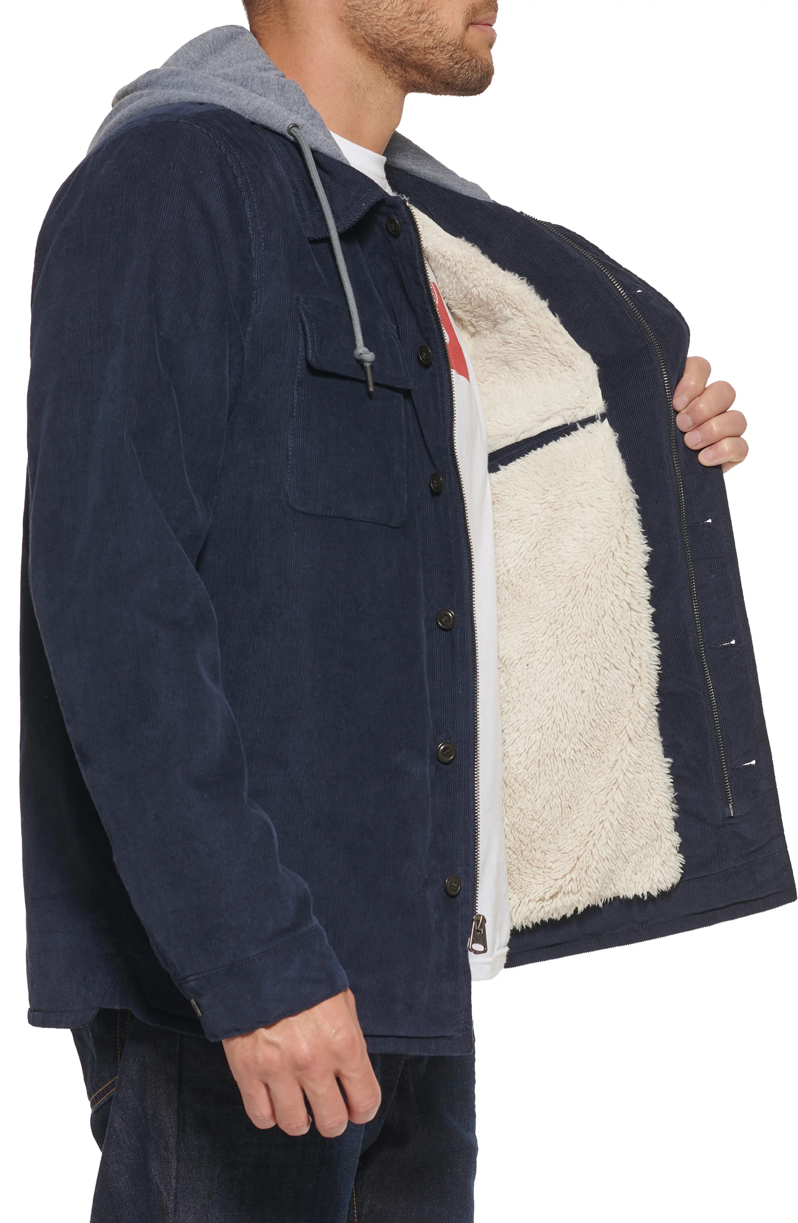 Faux Shearling Lined Hooded Corduroy Shirt Jacket - 3