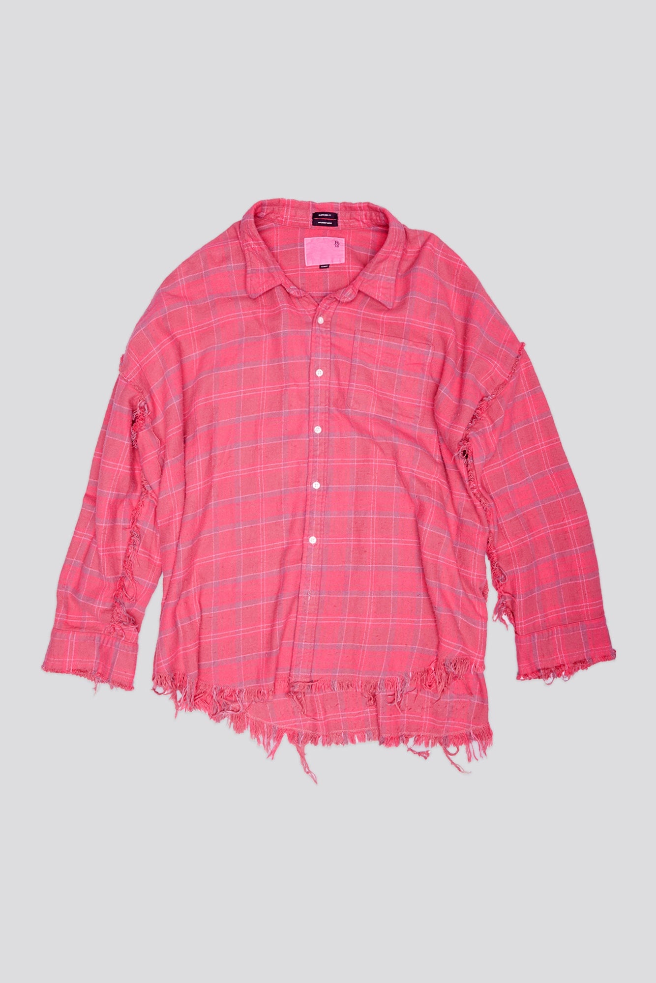 SHREDDED SEAM DROP NECK SHIRT - RASPBERRY OVERDYED PLAID -R13 - 5