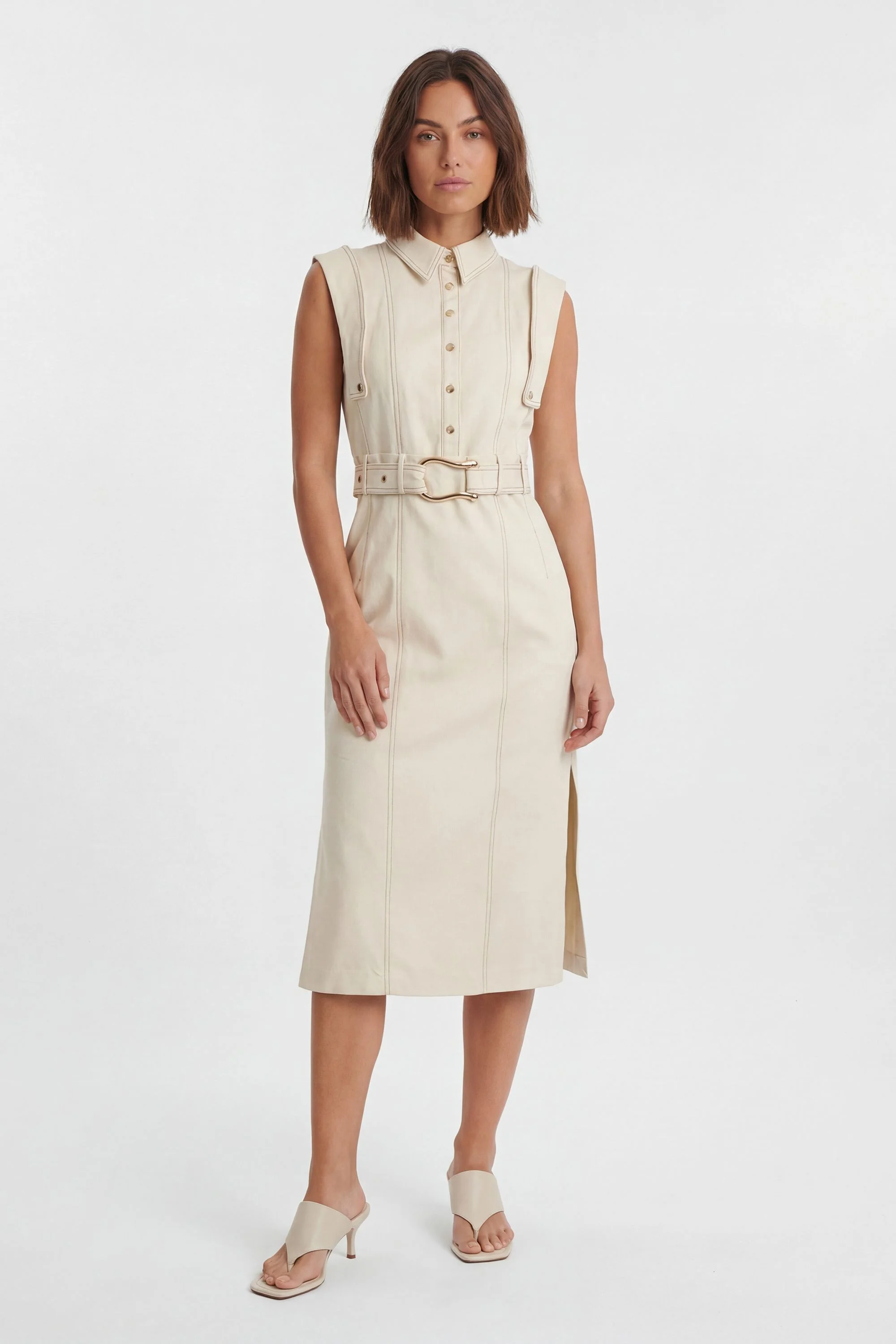 Petite Tailored Top Stitch Detail Belted Midi Dress - 1