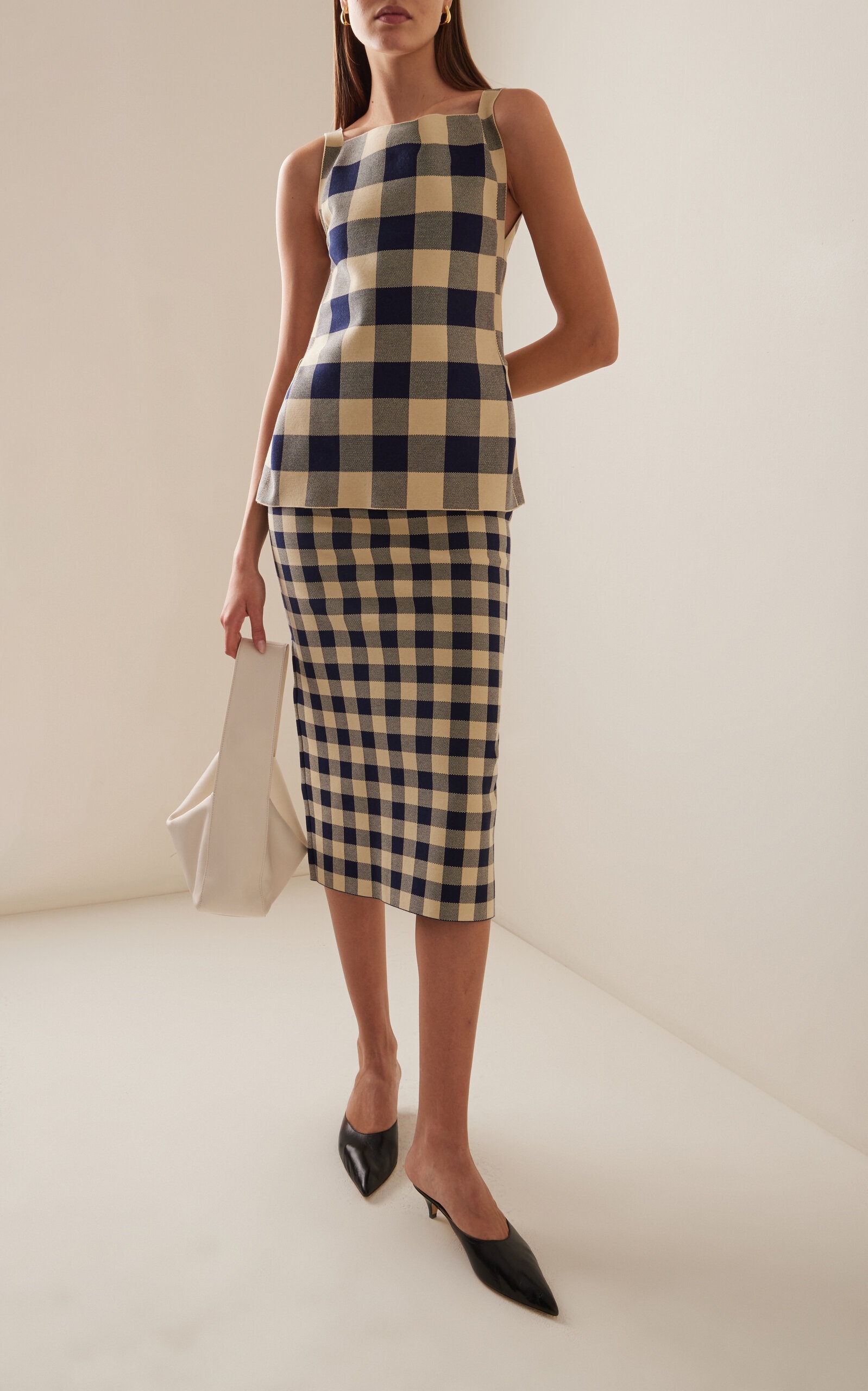 Petra Gingham Stretch-Cotton Knit Midi Skirt navy - 2