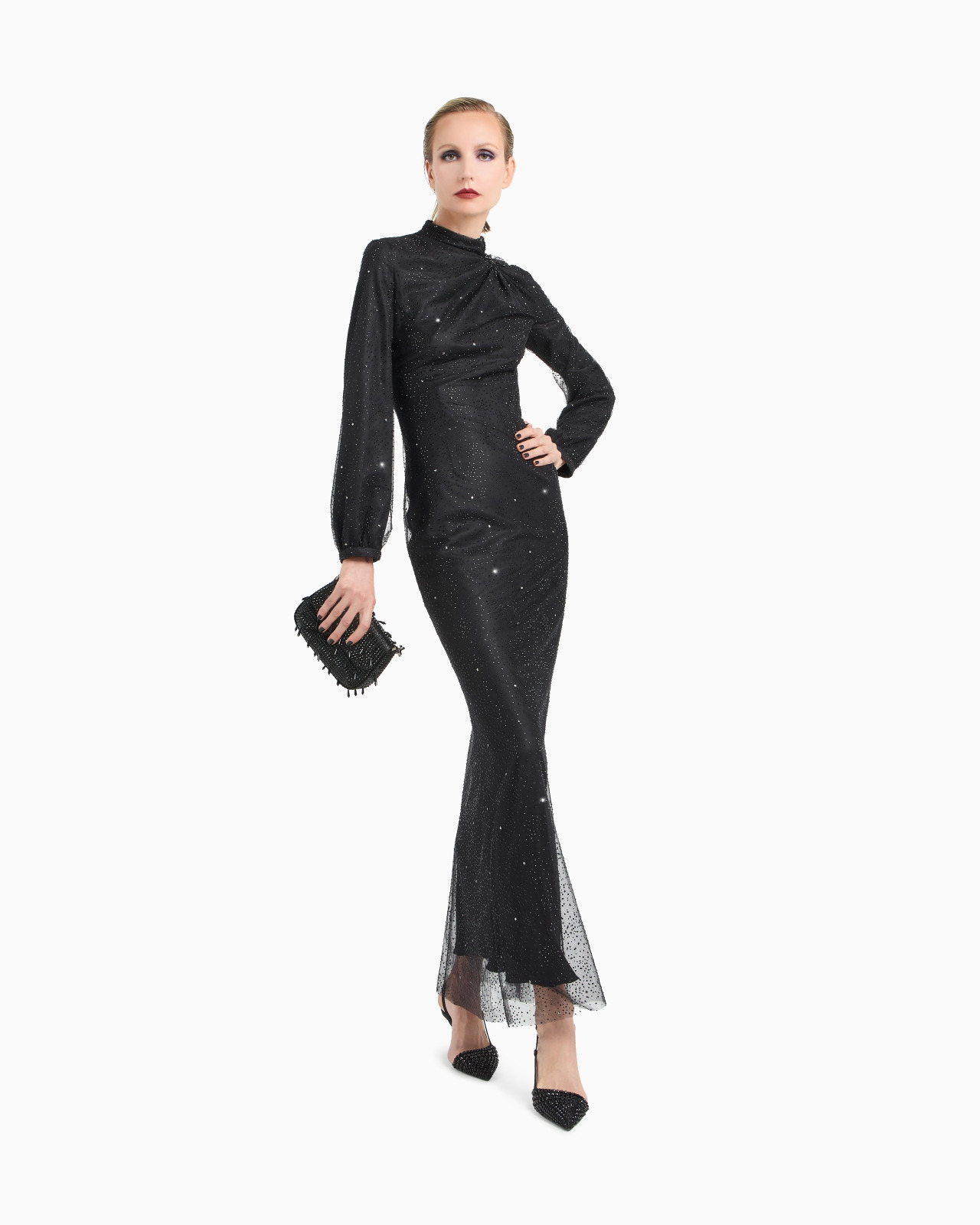 SILK LONG DRESS WITH RHINESTONE EMBROIDERY - 2