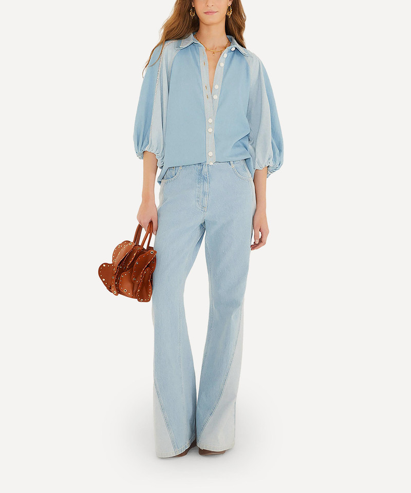 Denim Bicolor Puff-Sleeve Shirt 1