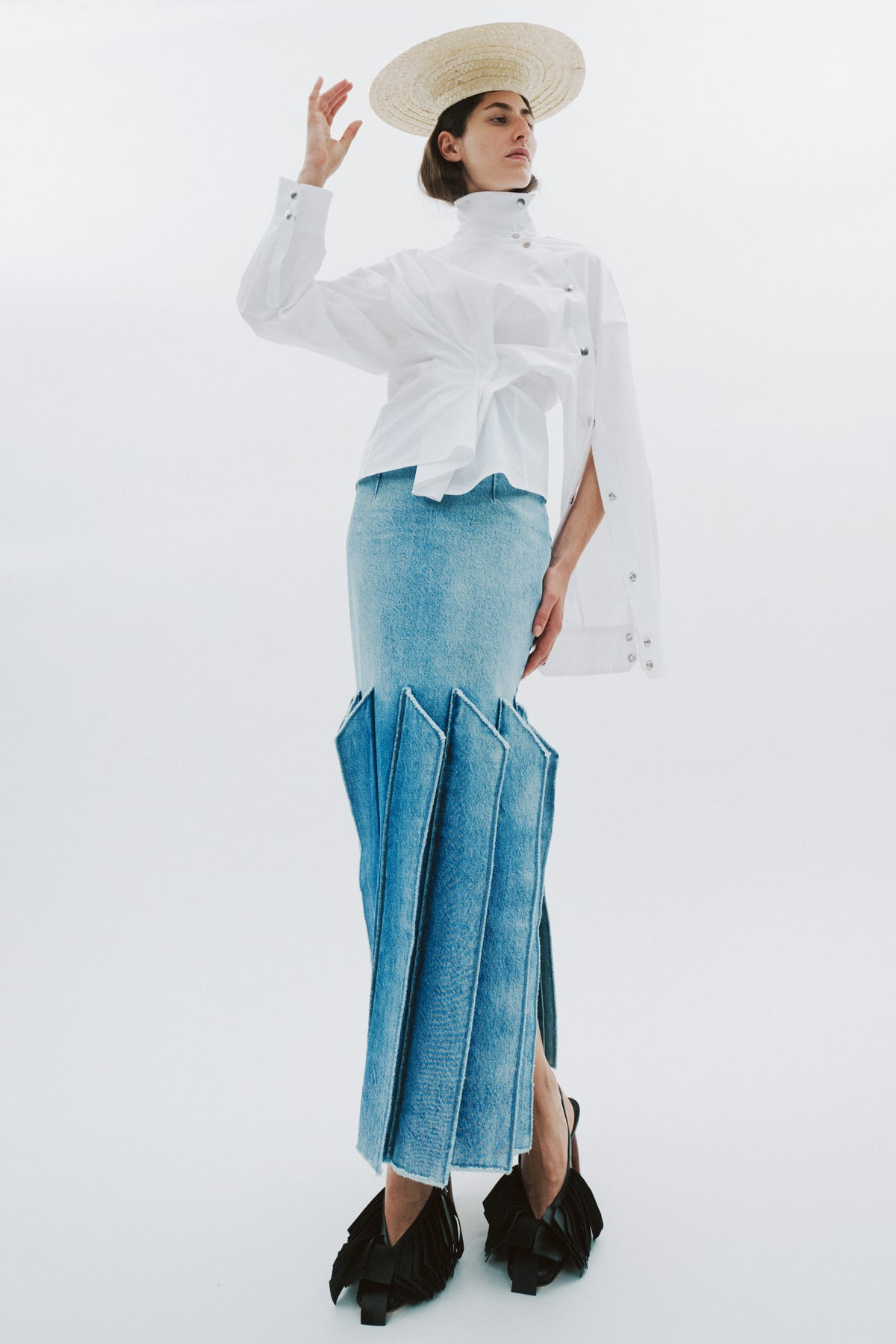 DENIM SKIRT WITH PANEL DETAIL MID BLUE - 11