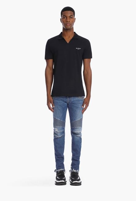 Black sustainable cotton polo with small white velvet Balmain Paris logo - 4