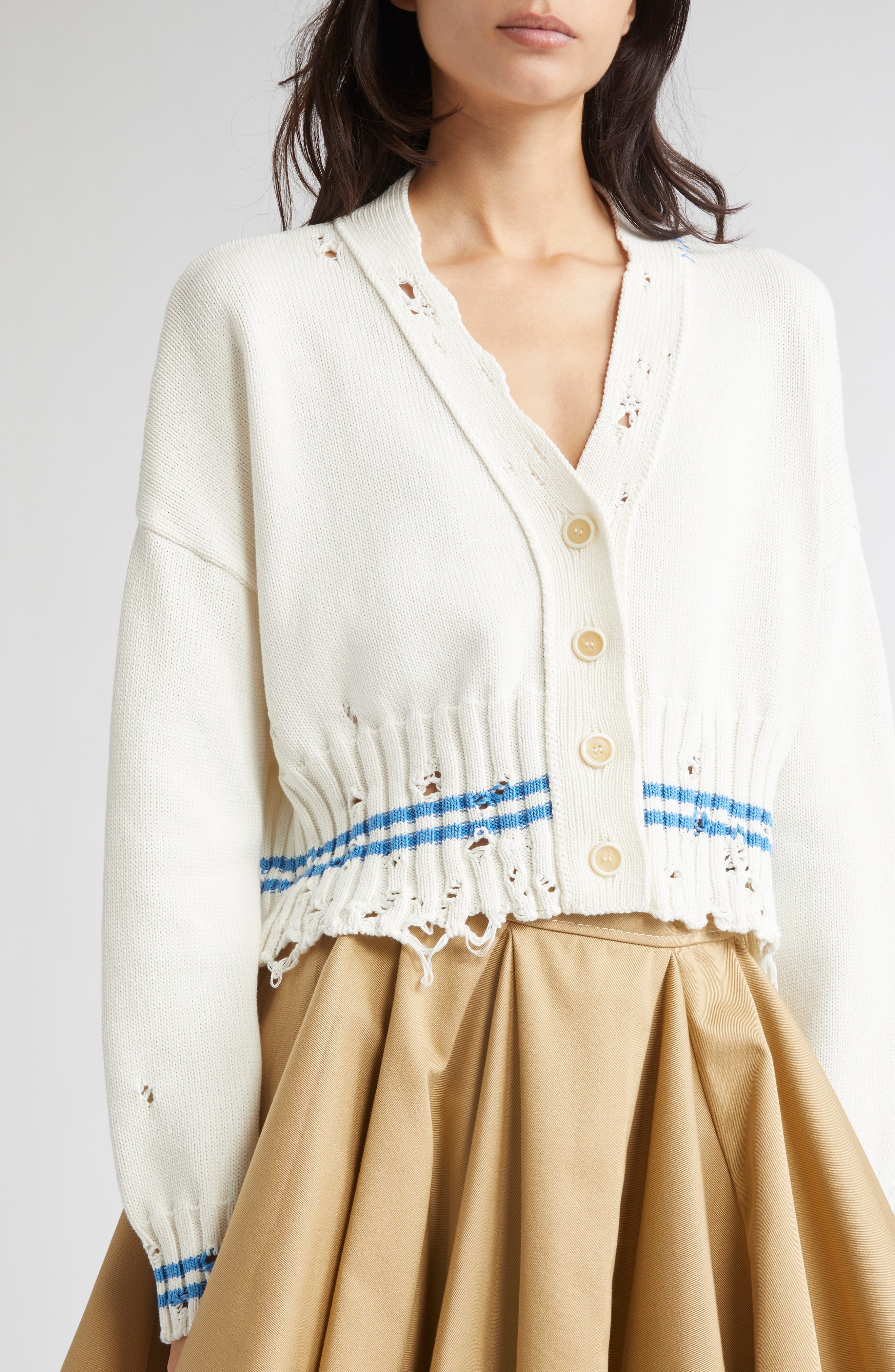 Marni Mending Logo Distressed Boxy Cotton Cardigan in V2W01 Lily White at Nordstrom - 5