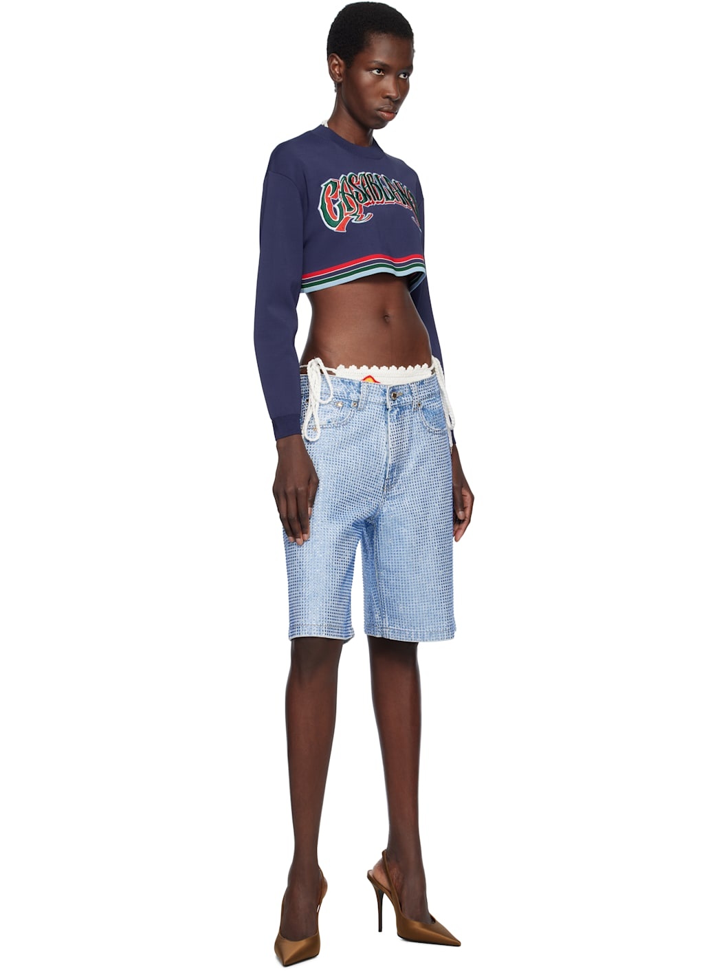 Blue Crystal Embellished Denim Shorts - 4
