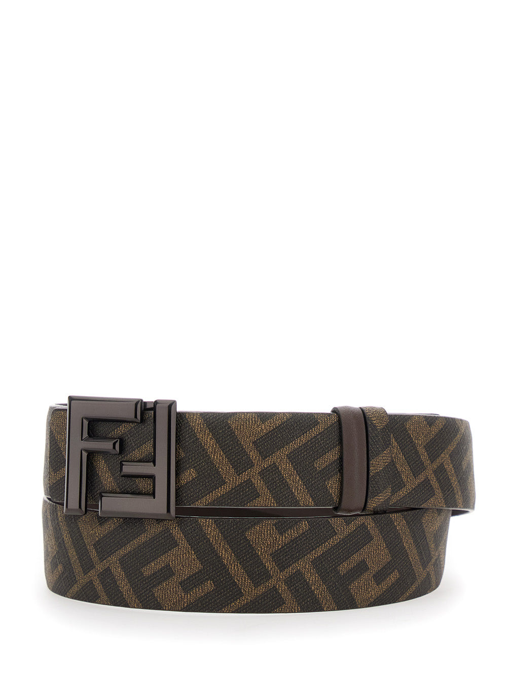 Fendi Men Brown Belt With Metallic Ff Logo Plaque On The Front And Ff Motif In Leather Man - 2