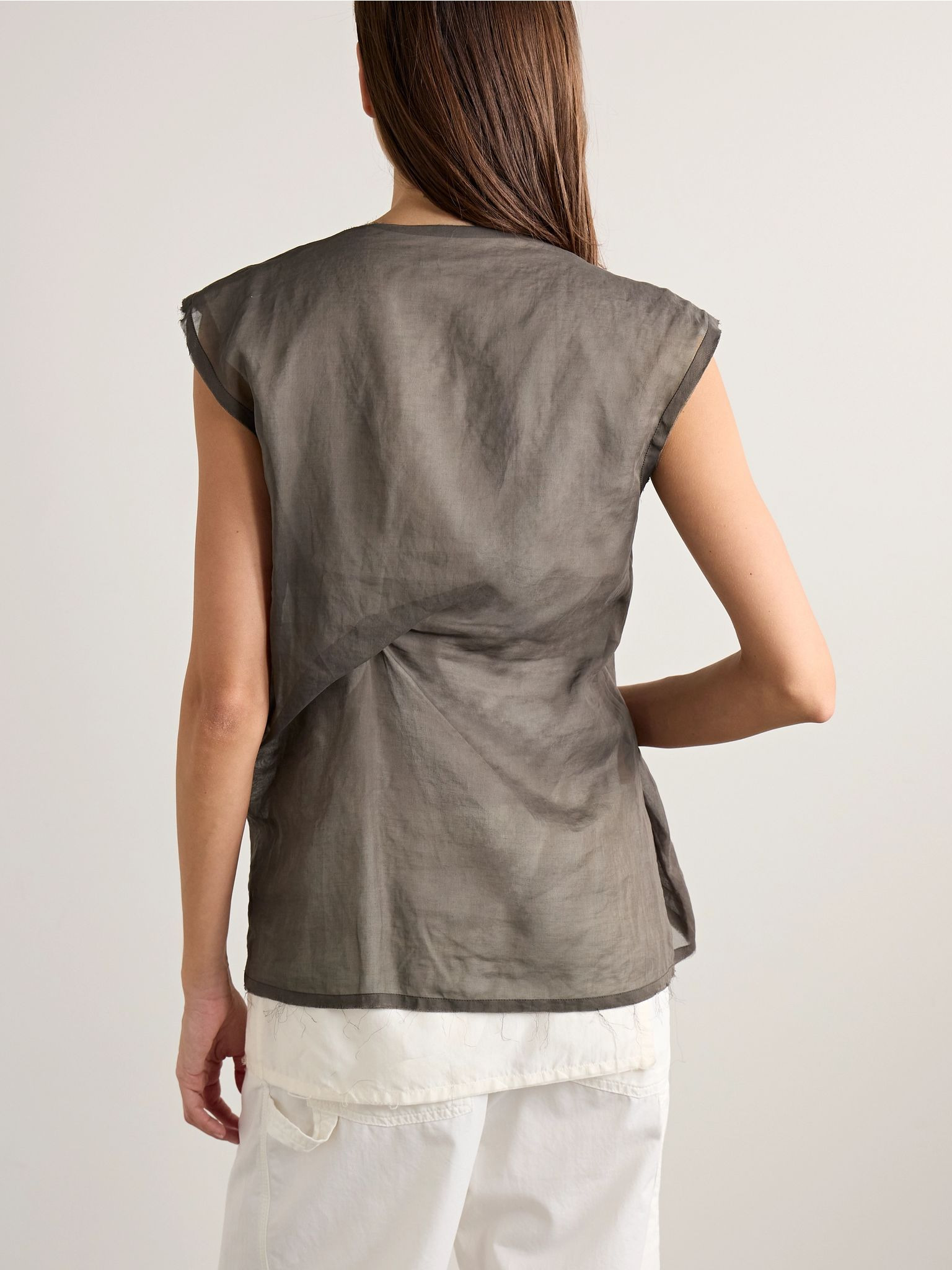 Inawa frayed layered draped cotton-voile tank Brass - 4