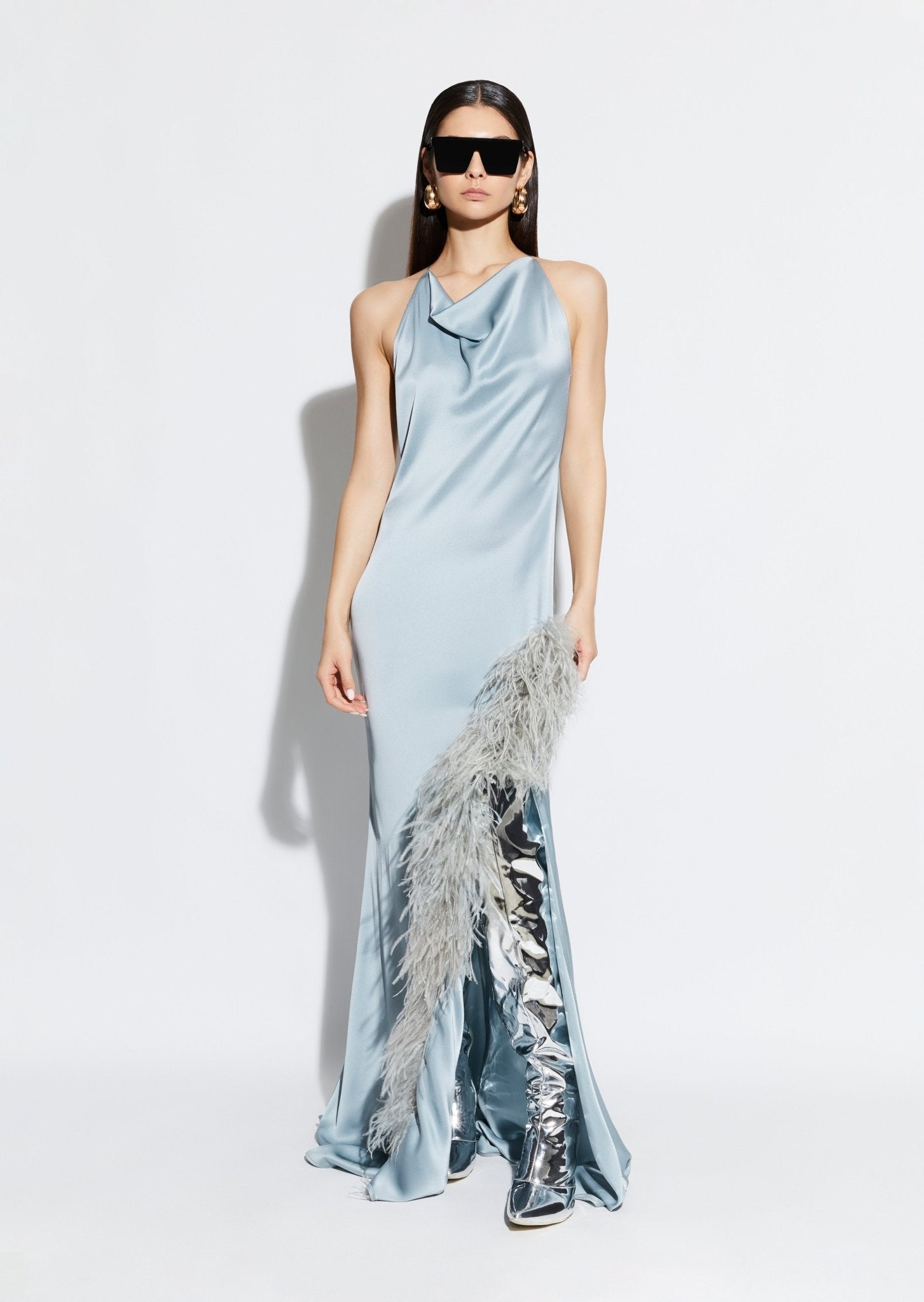 Satin Halter Gown with Feathers - 2