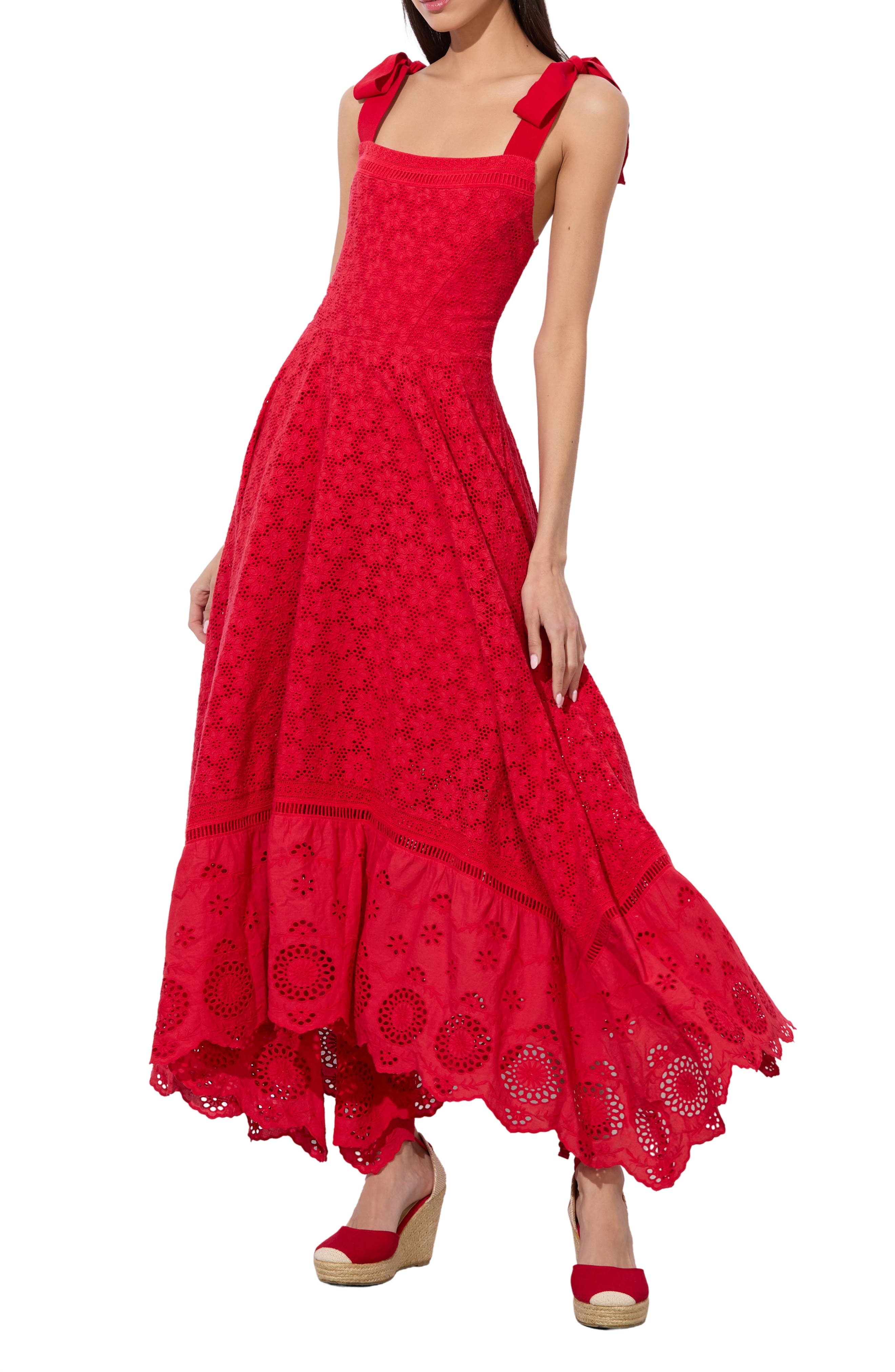 Alice + Olivia Rosalee Tie Strap Eyelet Cotton Sundress in Bright Ruby at Nordstrom - 3