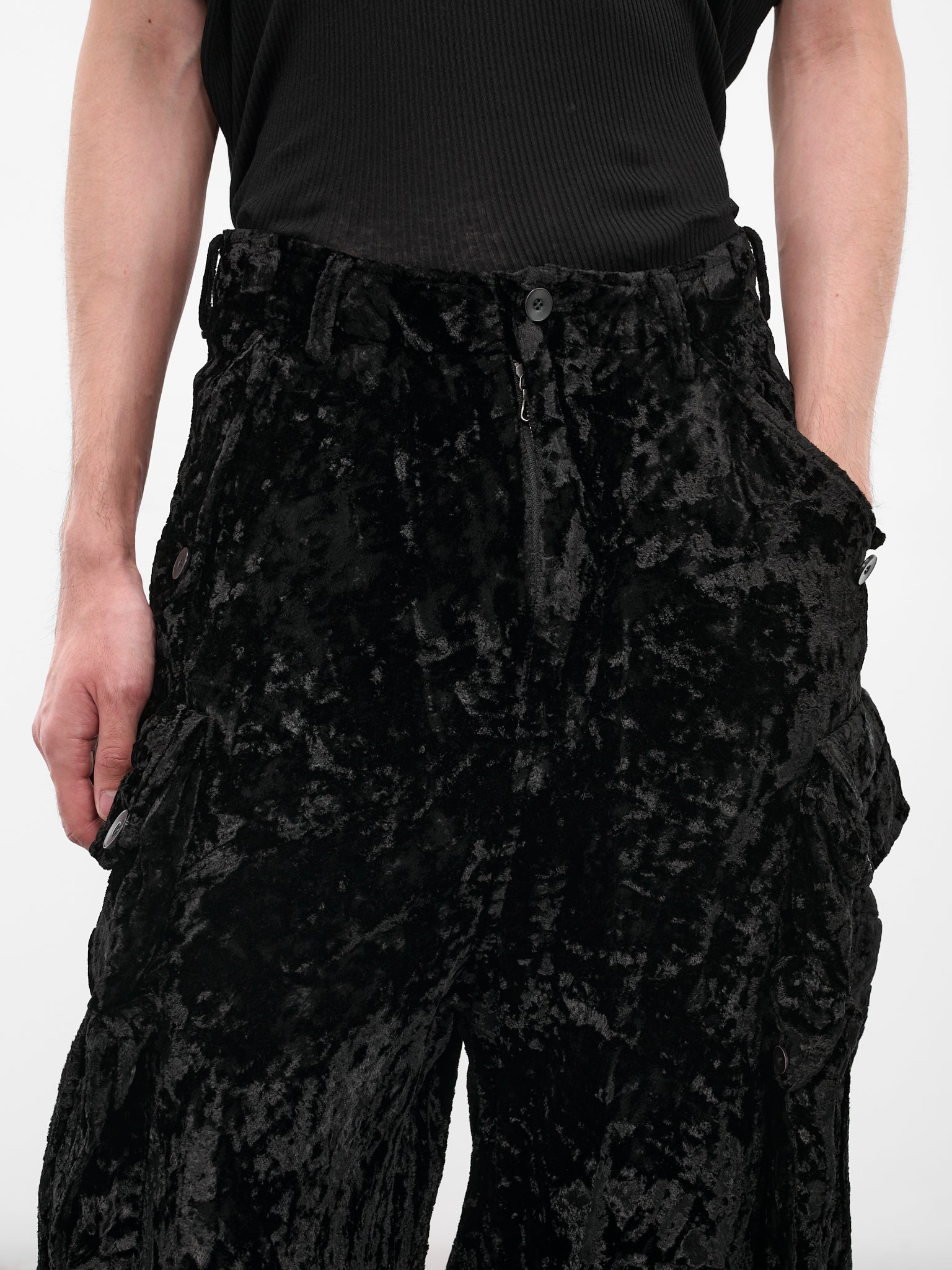 Black Crushed Velvet Cargo Pants - 4