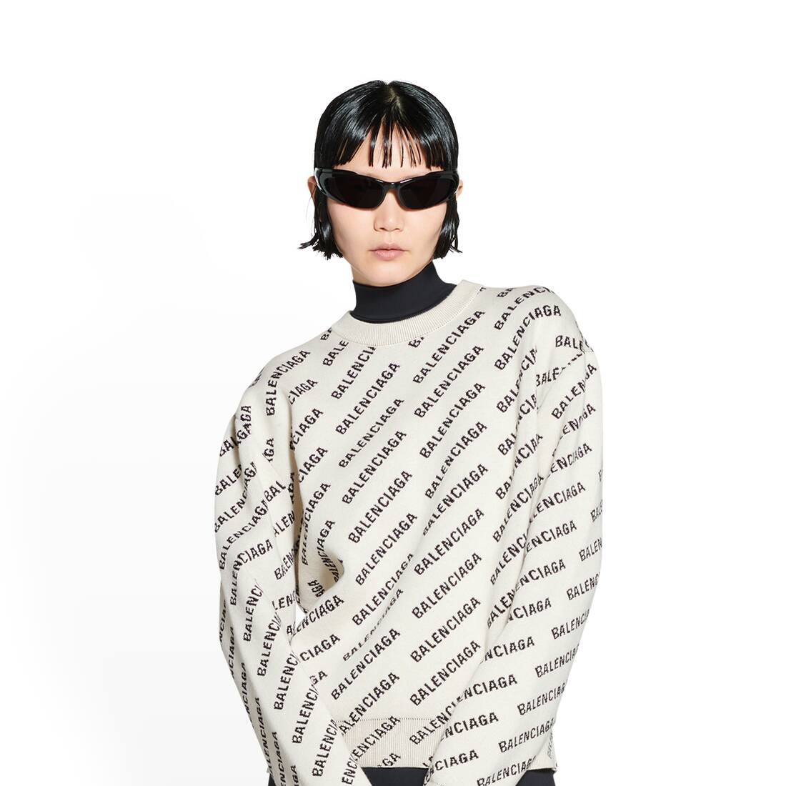 BALENCIAGA Women's Mini Allover Logo Sweater in Off White BALENCIAGA Women's Mini Allover Logo Sweater in Off White