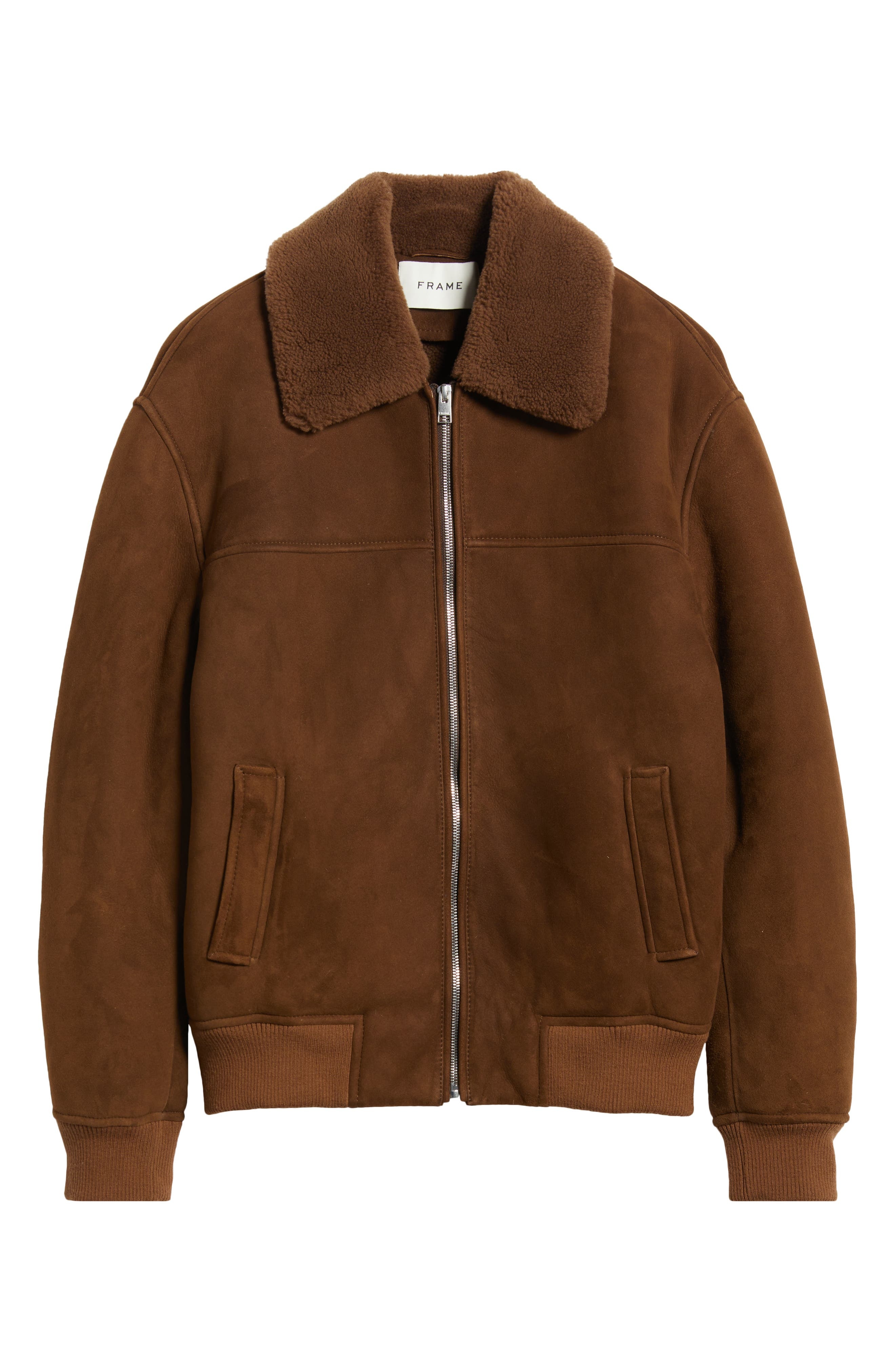 FRAME Suede & Genuine Shearling Bomber Jacket in Dark Camel at Nordstrom - 6
