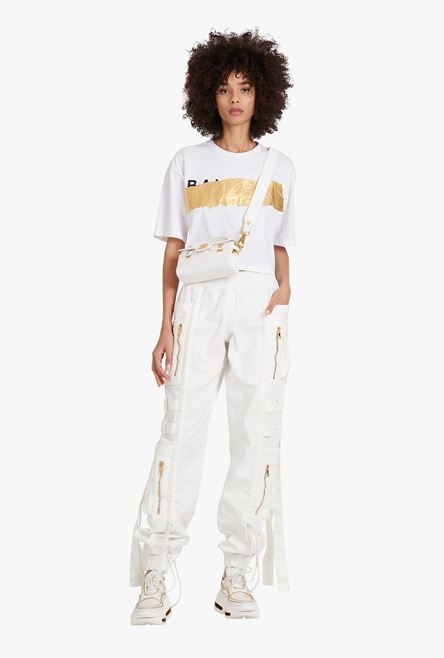 Cropped white cotton T-shirt with gold-tone Balmain logo - 2