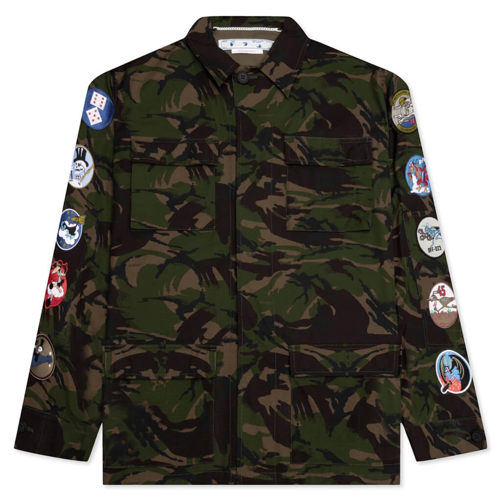 Off White OFF WHITE C O VIRGIL ABLOH CAMO PATCH FIELD JACKET ARMY GREEN feature REVERSIBLE