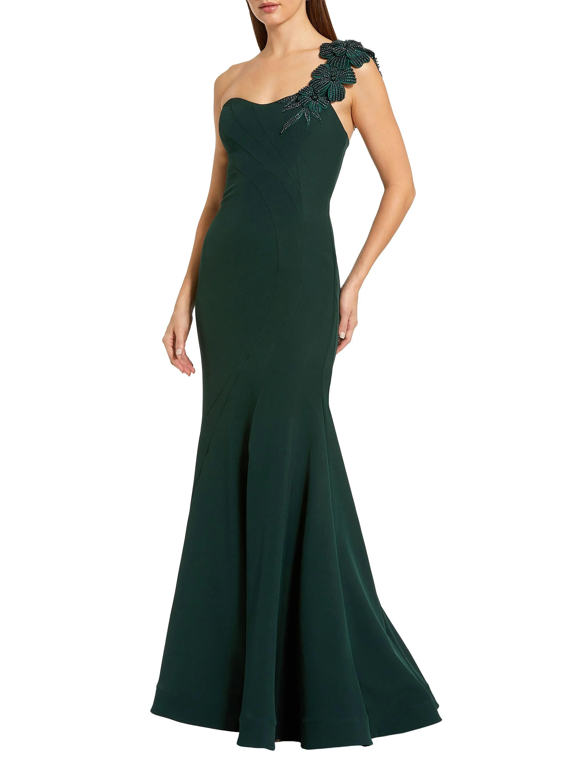 Women's Beaded Crepe One-Shoulder Mermaid Gown - Deep Green - 1