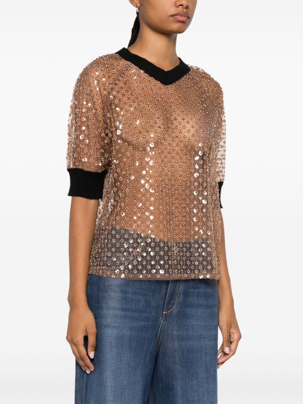 contrast-trim sequinned top - 3