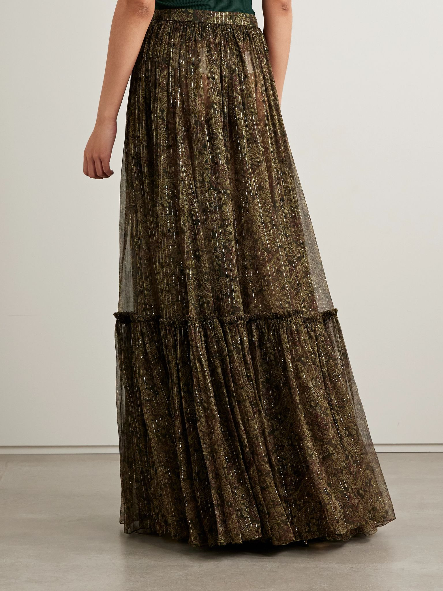 Tiered metallic paisley-print silk-blend crepon maxi skirt Green - 4