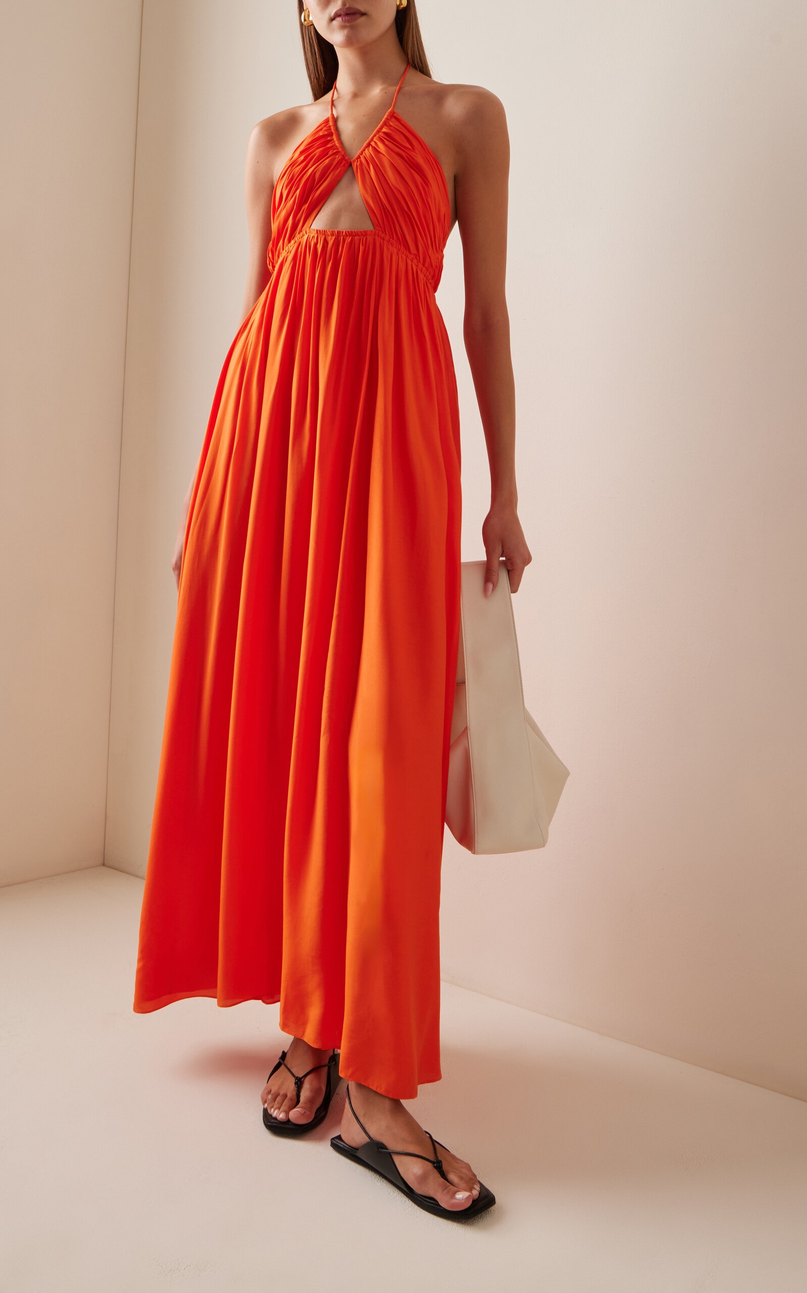 Oleander Gathered Satin Maxi Halter Dress orange - 3