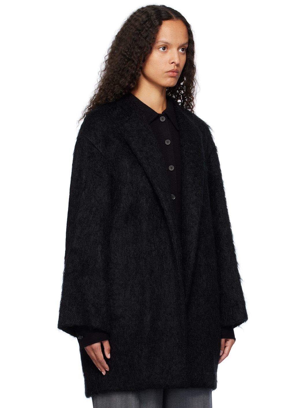 Black Brushed Mohair Shaggy Coat - 2