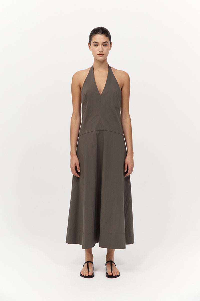 Halter Plunge Dress - Khaki - 1