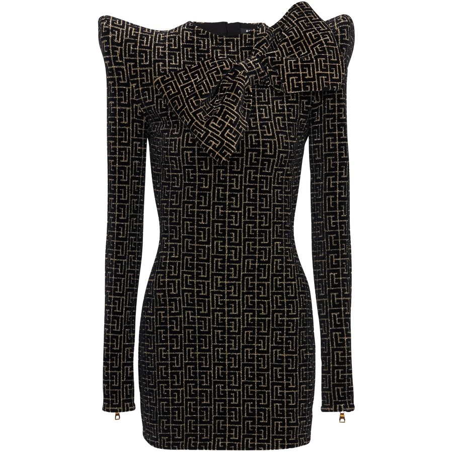 Structured dress with knotted collar in monogrammed jacquard - 1