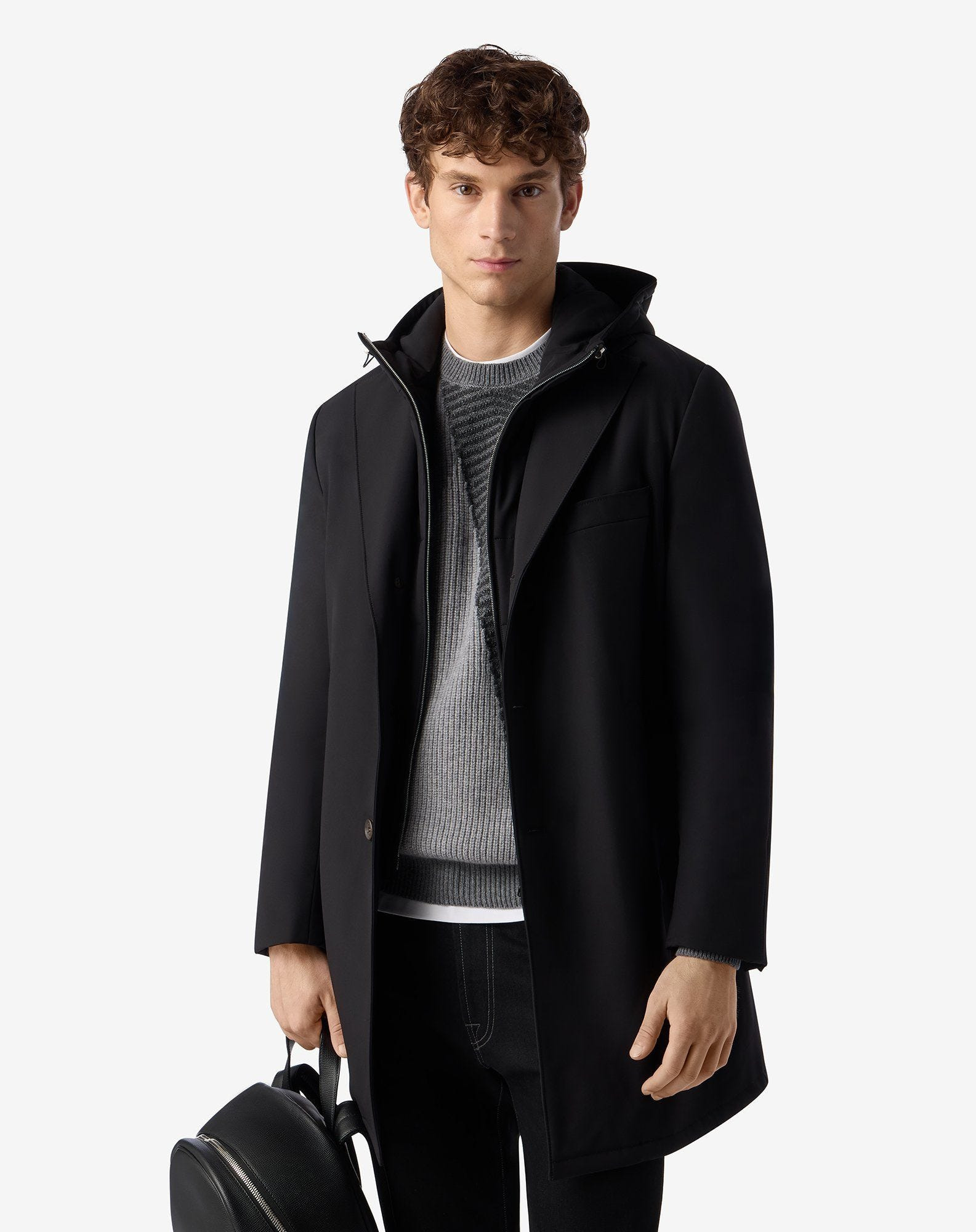 Black stretch technical fabric coat with detachable vest - 2