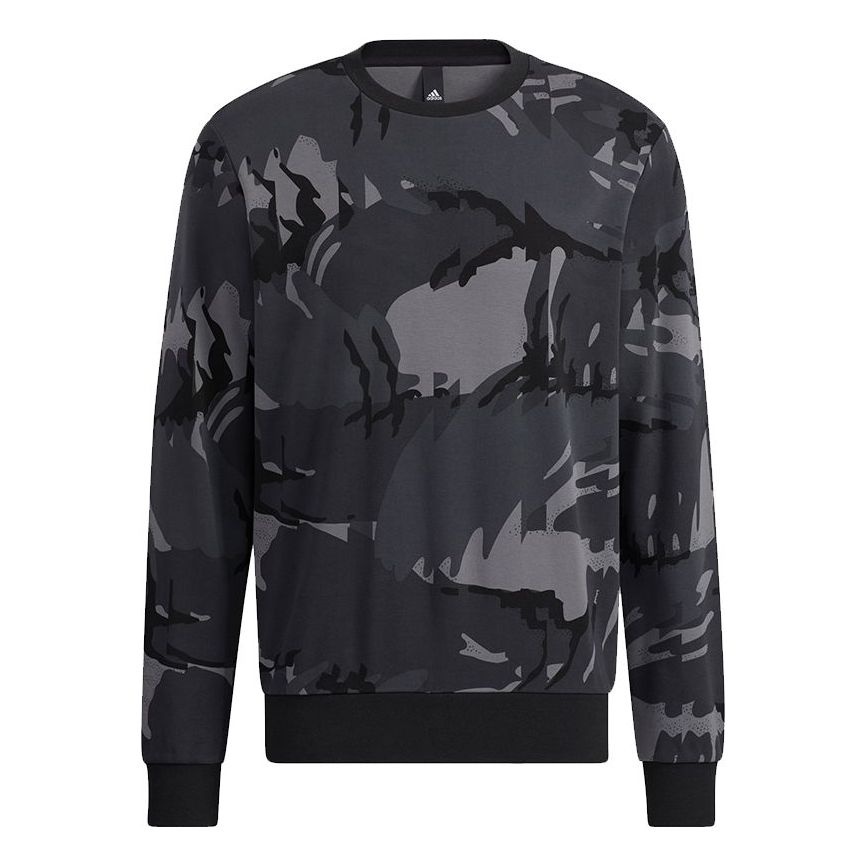 Men's adidas Fi Aop Camo Swt Camouflage Sports Round Neck Pullover Dark Grey H65646 - 1