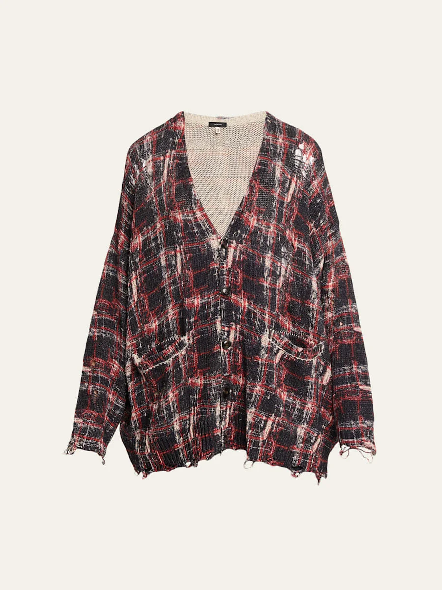 Distressed Oversized Plaid Boyfriend Cardigan - 1