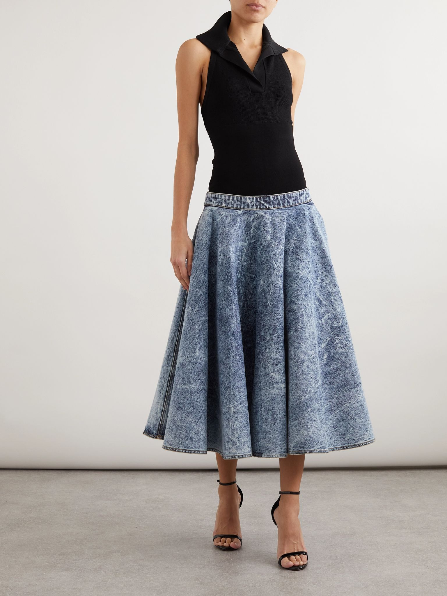 Stretch-knit and pleated denim midi skirt Blue - 2