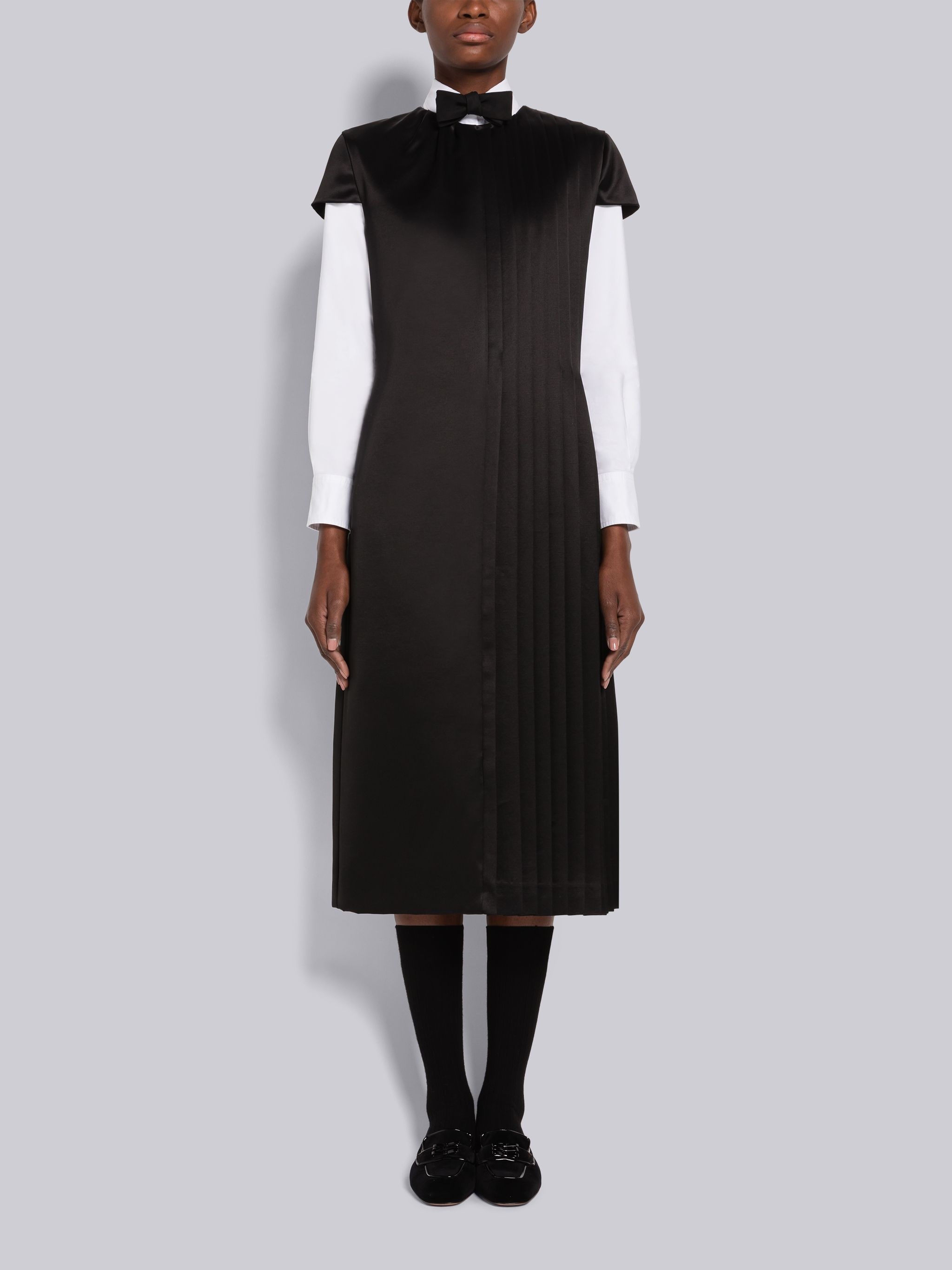 Half Pleat Belted Dress In Wool Silk Suiting - 1