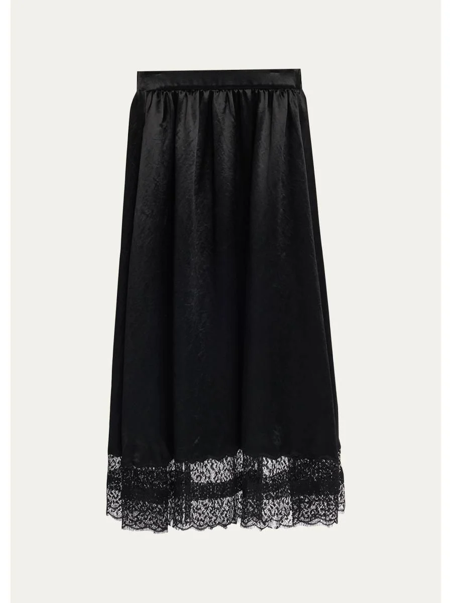 Gathered Lace-Hem Midi Skirt - 1