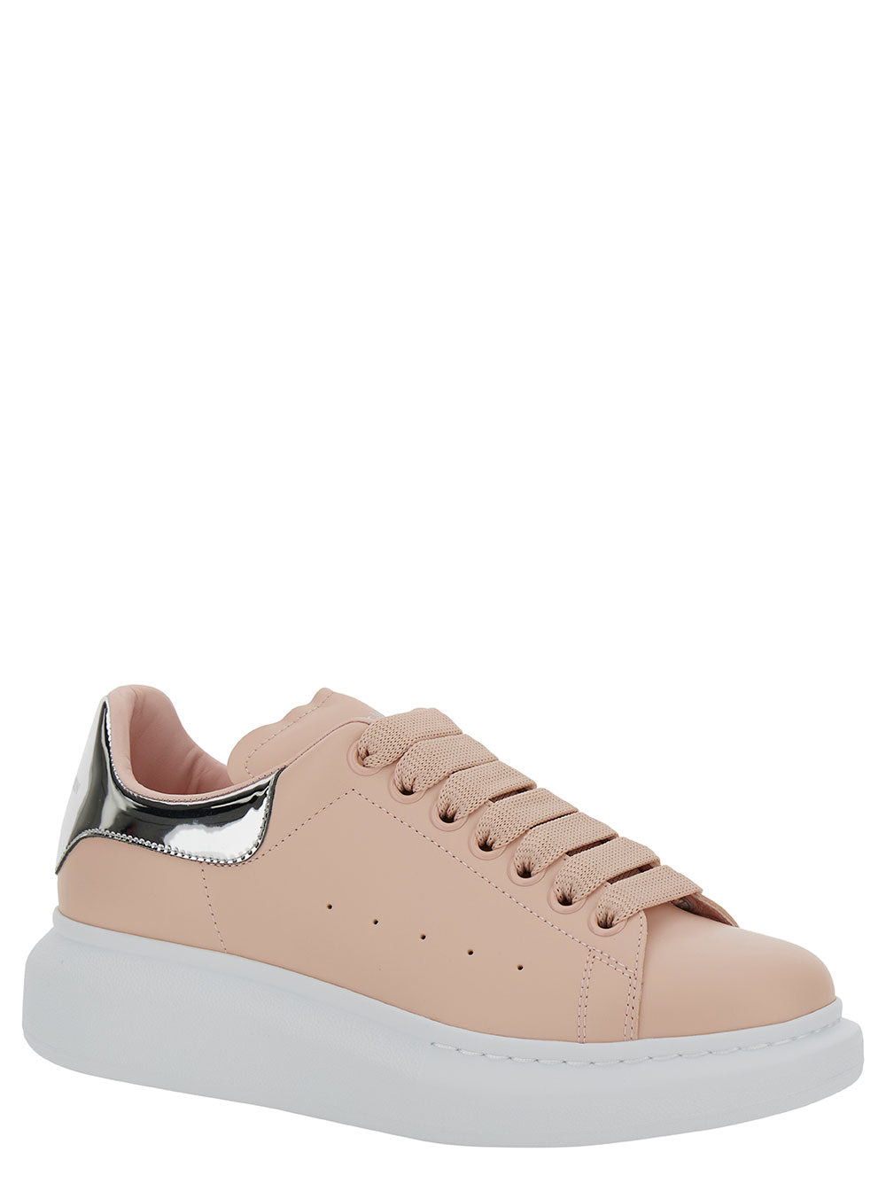Alexander Mcqueen Women Pink Low Top Sneakers With Oversized Platform And Metallic Heel Tab In Leath - 2