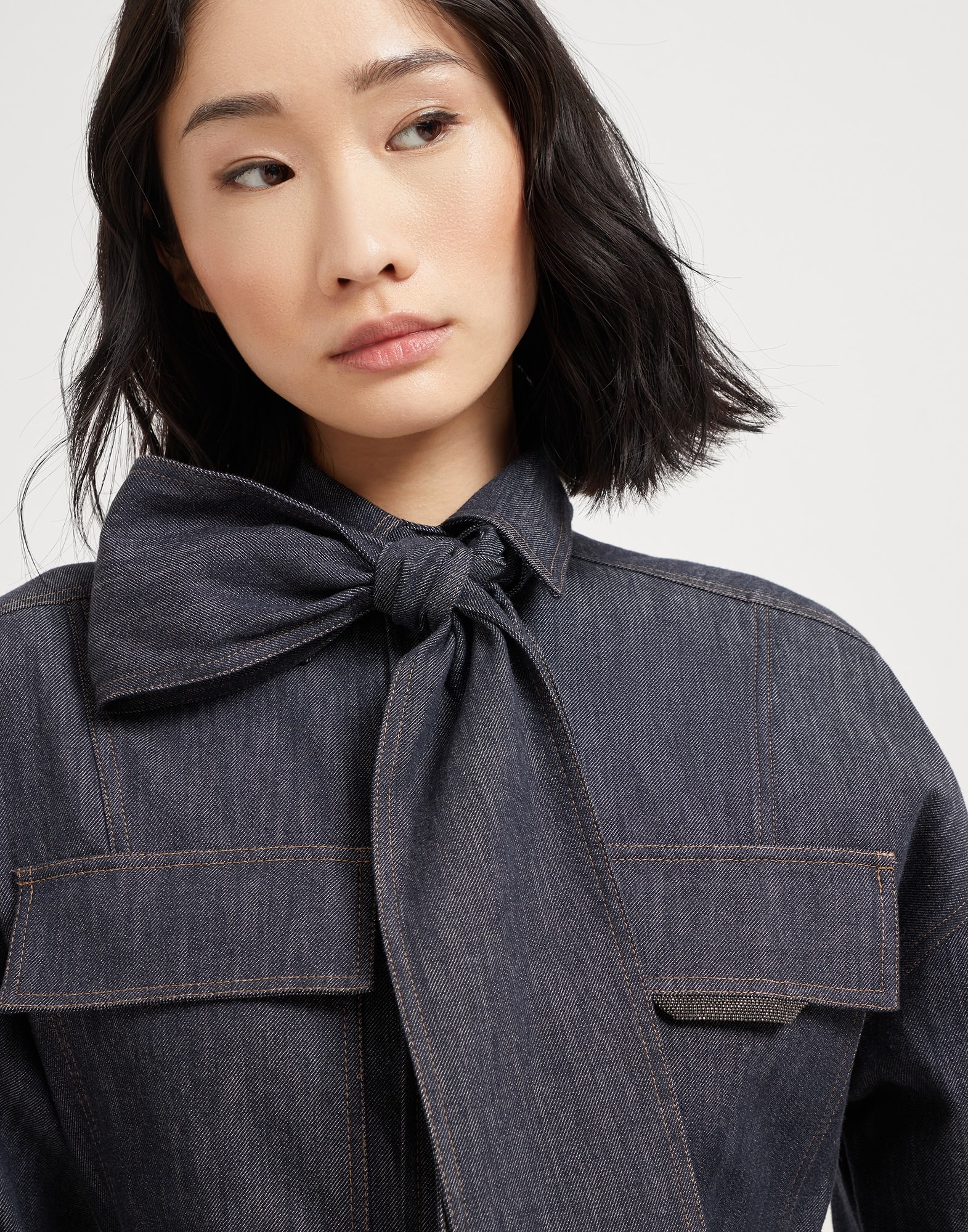Lightweight no-fade denim pussybow shirt with shiny flap detail - 3