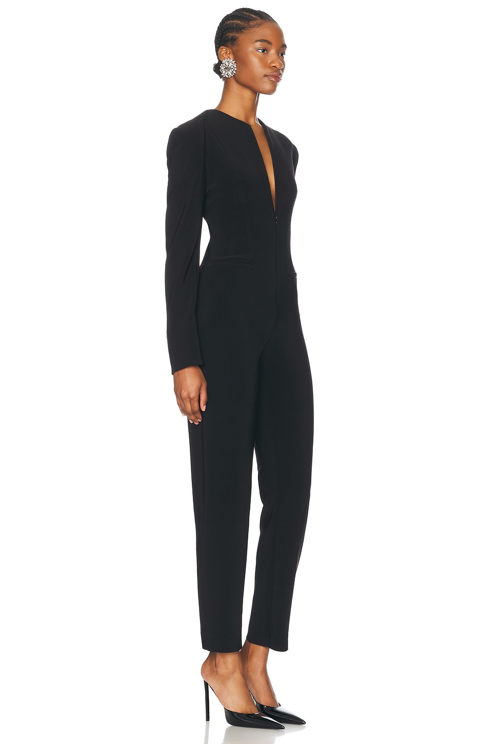 Long Sleeve Shoulder Pad V Neck Zip Front Tapered Leg Jumpsuit - 2