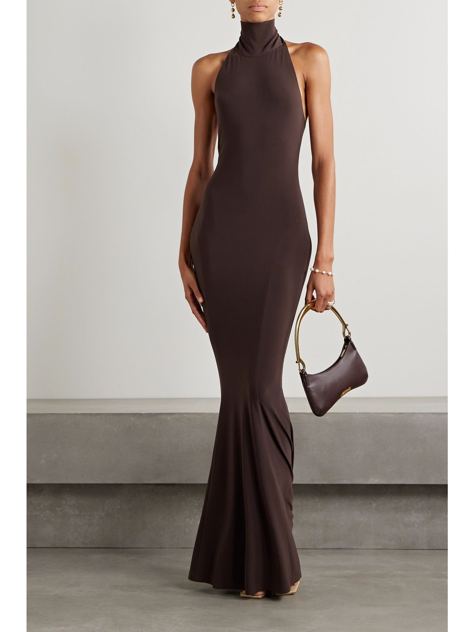Stretch-jersey turtleneck gown Chocolate - 2